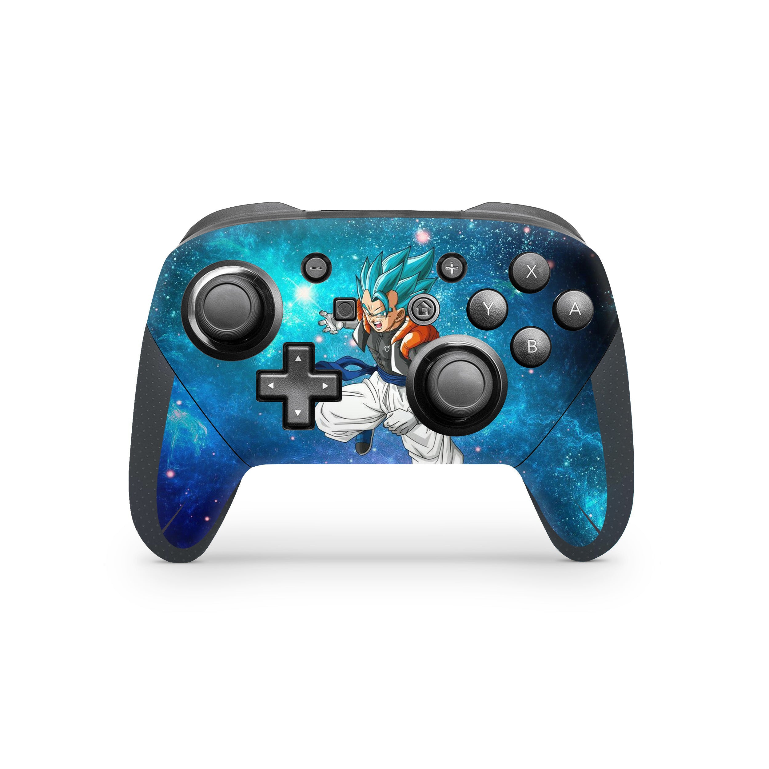 A video game skin featuring a Dragon Ball Super Gogeta design for the Switch Pro Controller.