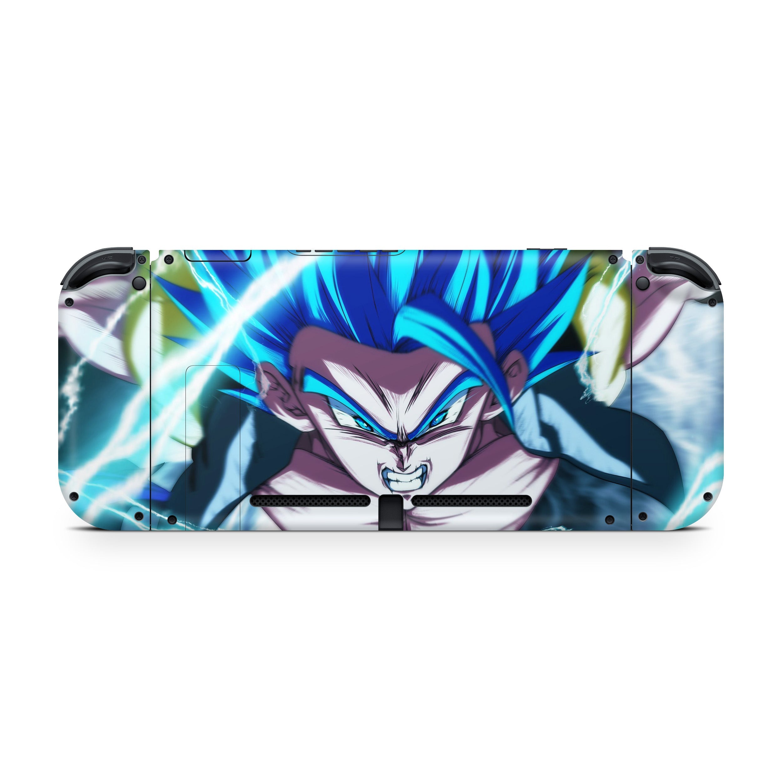A video game skin featuring a Dragon Ball Super Gogeta design for the Nintendo Switch.