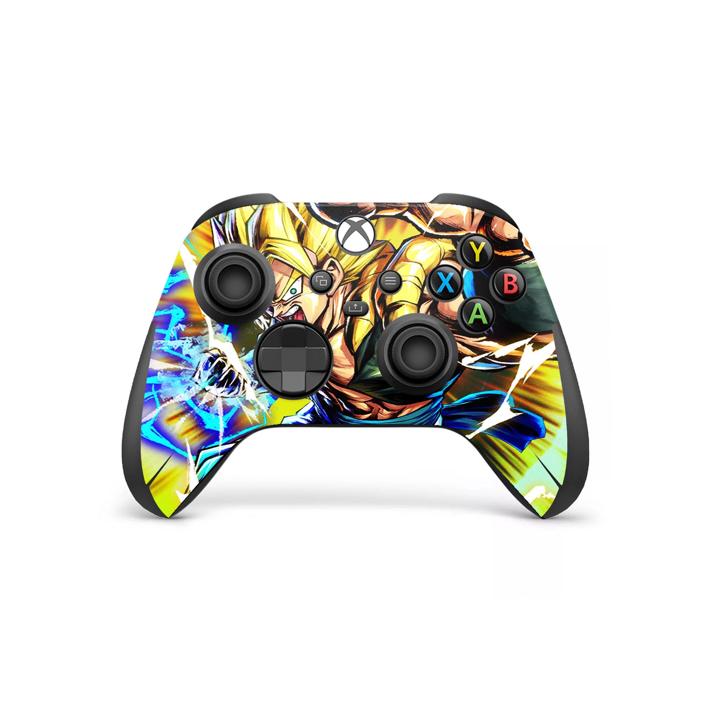 A video game skin featuring a Dragon Ball Super Gogeta design for the Xbox Wireless Controller.