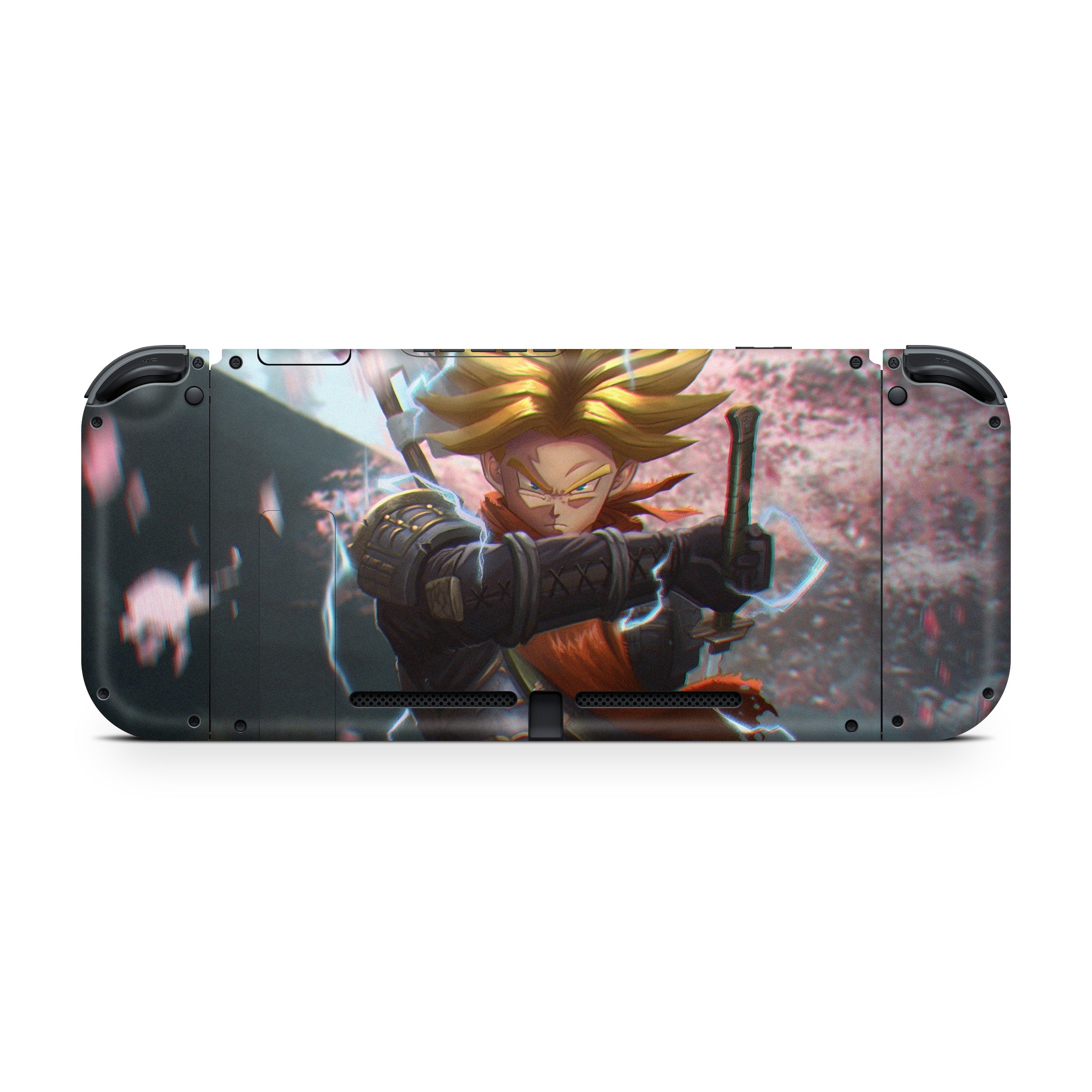 A video game skin featuring a Dragon Ball Super Trunks design for the Nintendo Switch.