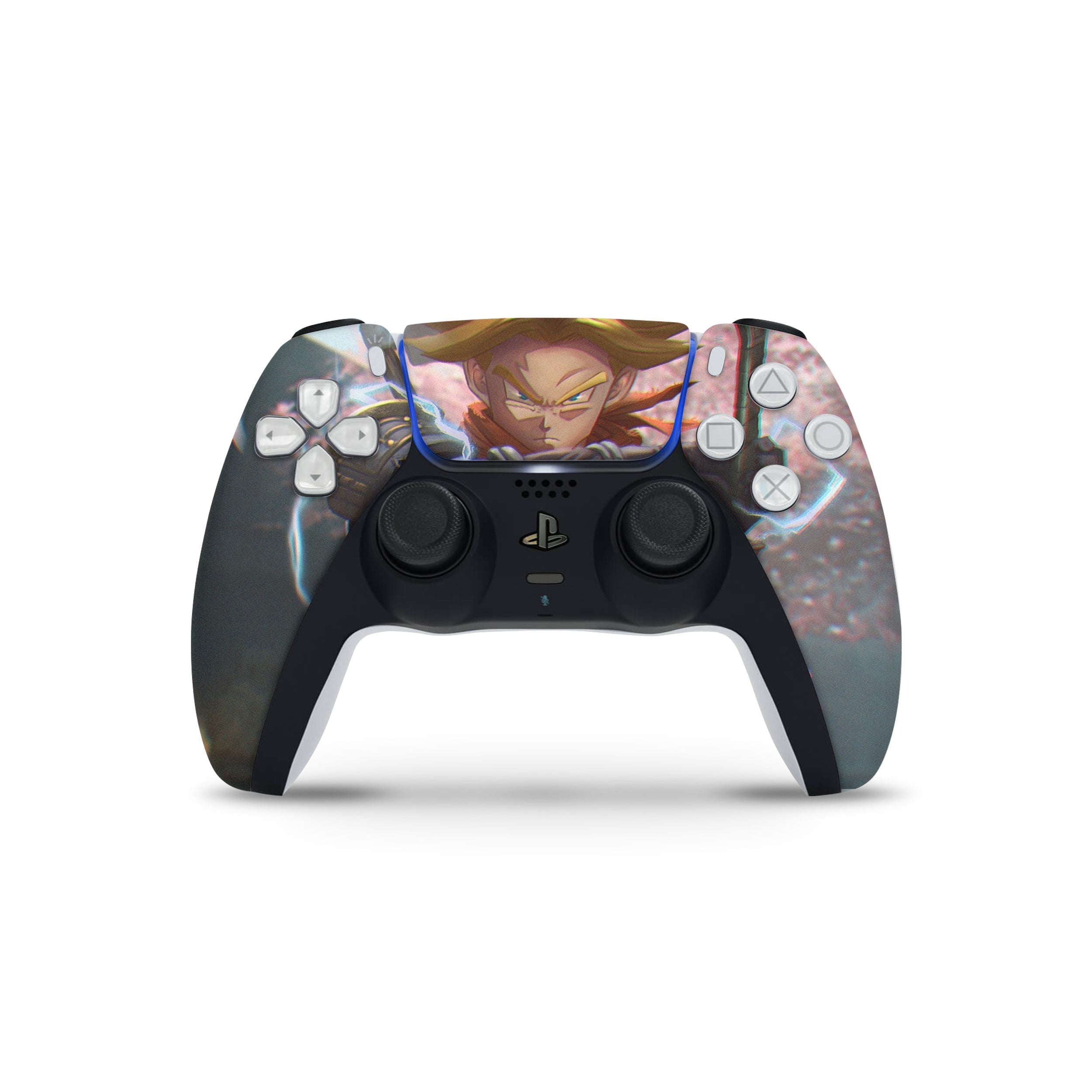 A video game skin featuring a Dragon Ball Super Trunks design for the PS5 DualSense Controller.