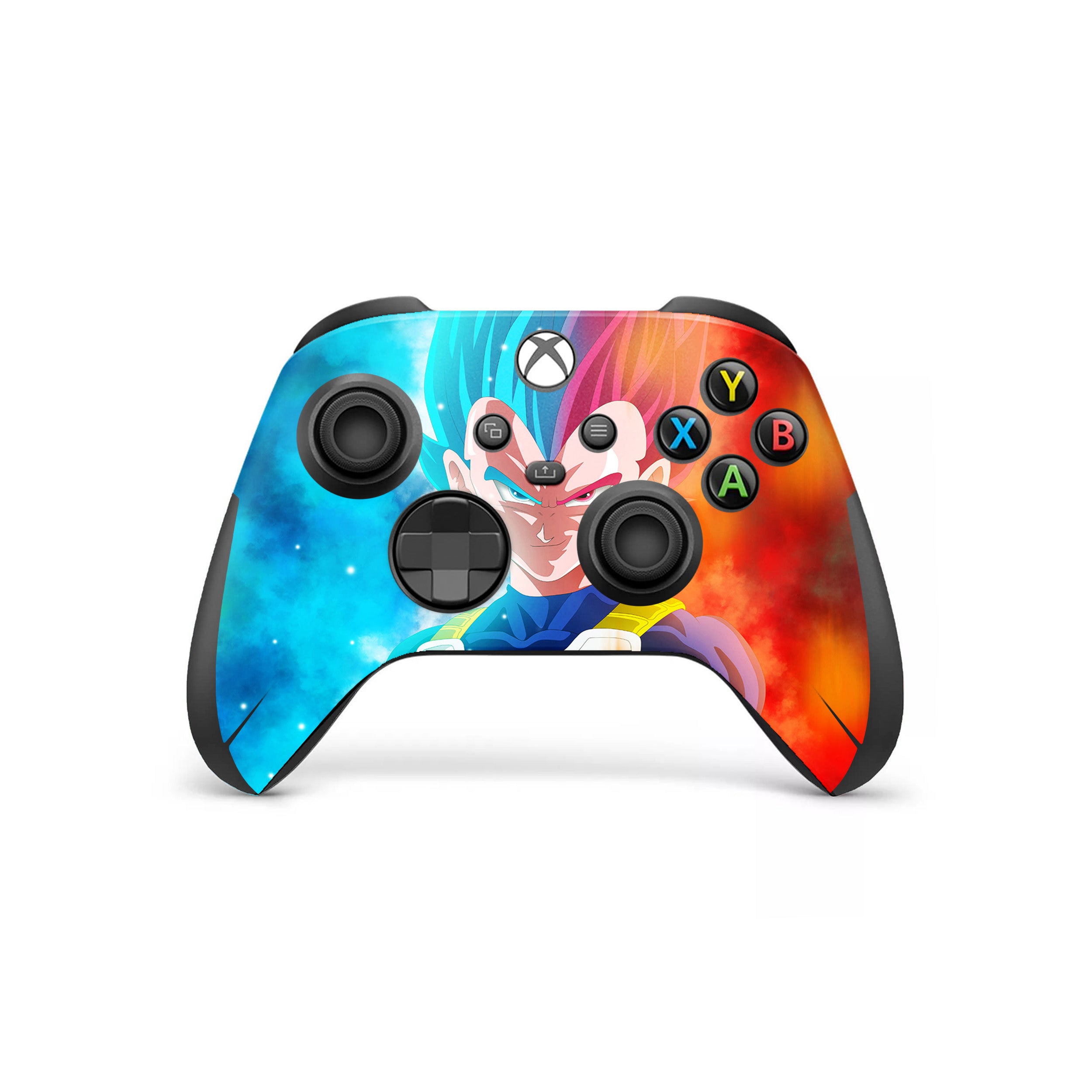 A video game skin featuring a Dragon Ball Super Vegeta design for the Xbox Wireless Controller.