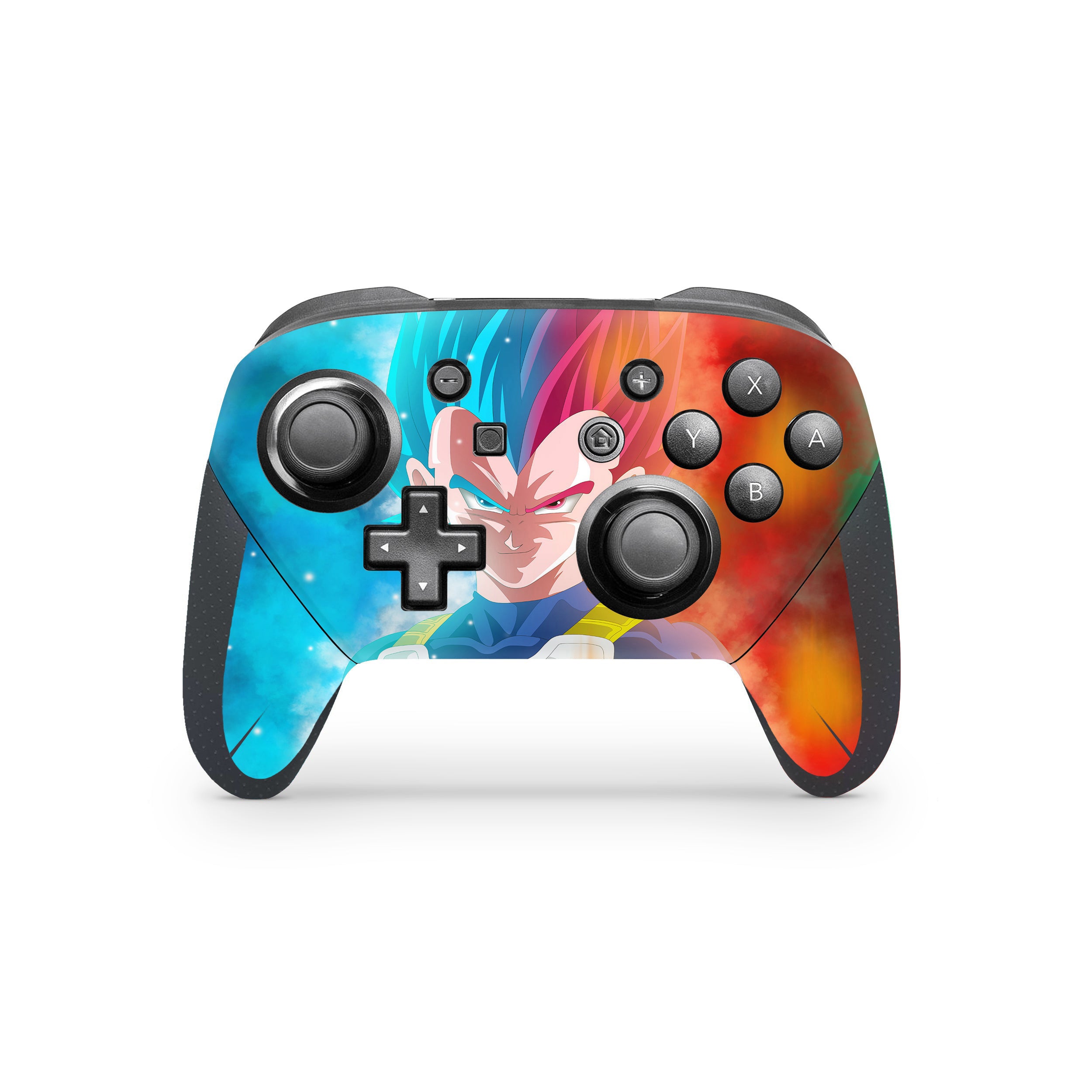 A video game skin featuring a Dragon Ball Super Vegeta design for the Switch Pro Controller.