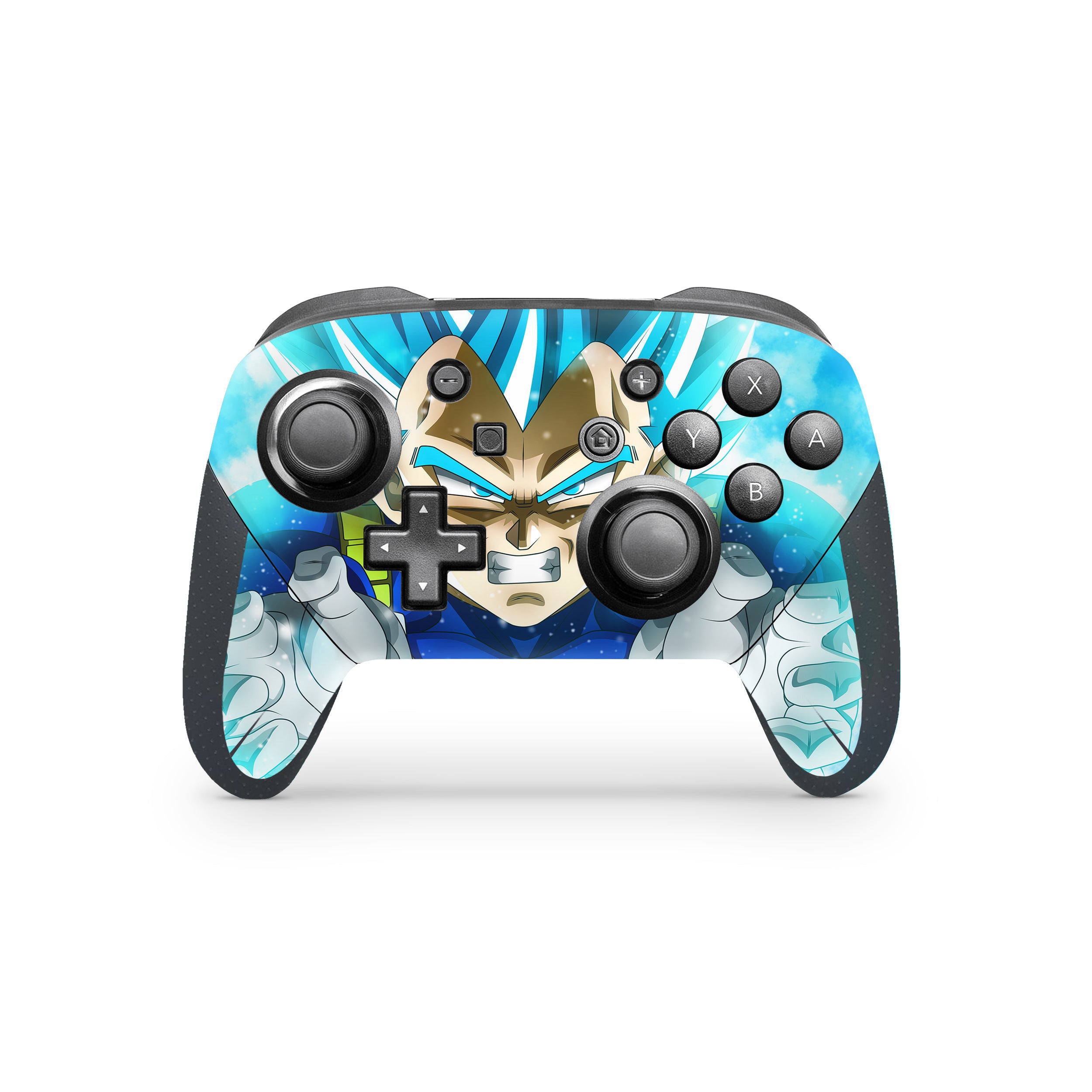 A video game skin featuring a Dragon Ball Super Vegeta design for the Switch Pro Controller.