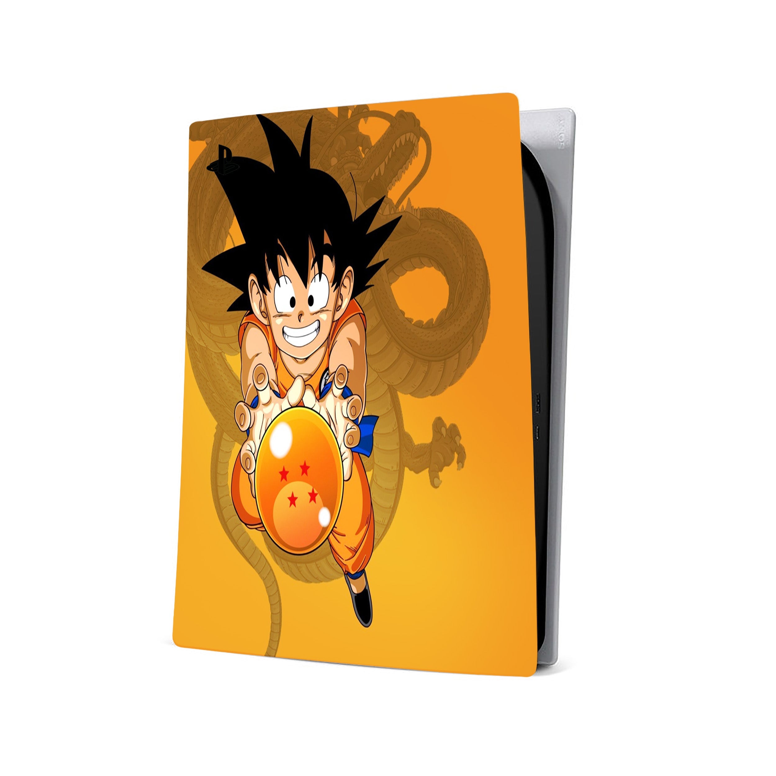 A video game skin featuring a Dragon Ball Z Goku design for the PS5.