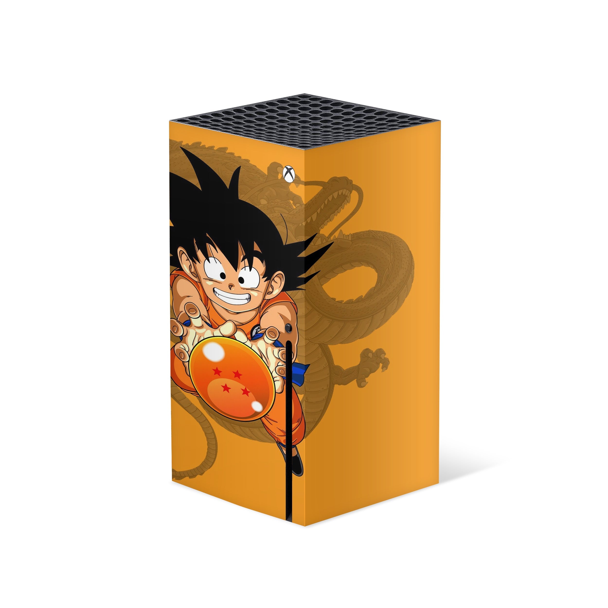 A video game skin featuring a Dragon Ball Z Goku design for the Xbox Series X.