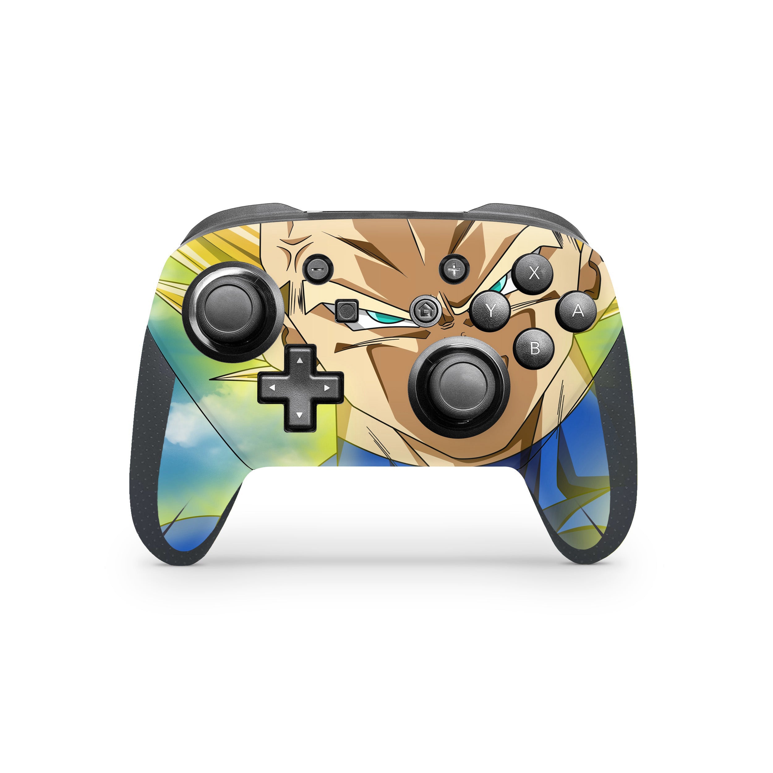 A video game skin featuring a Dragon Ball Z Vegeta design for the Switch Pro Controller.
