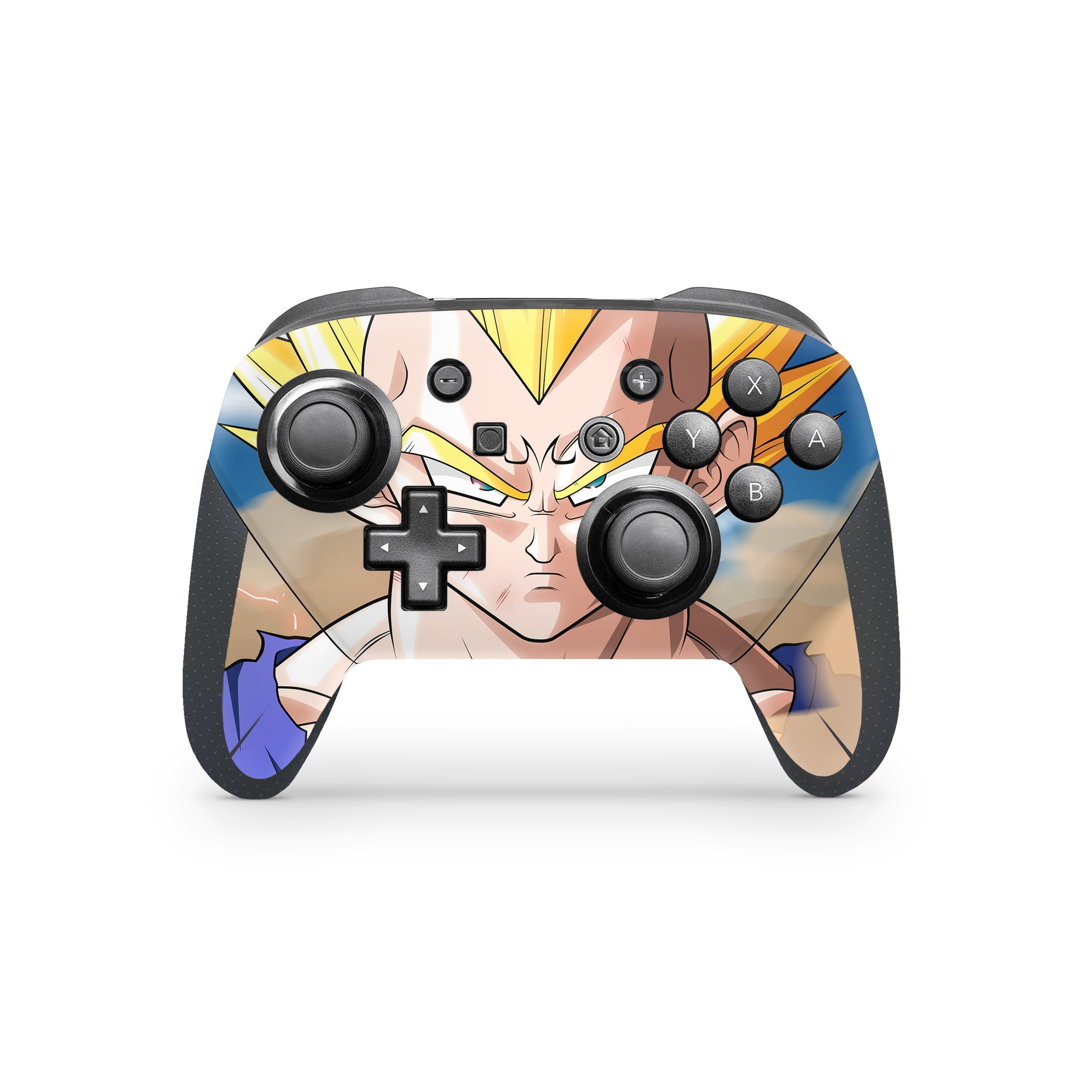 A video game skin featuring a Dragon Ball Z Vegeta design for the Switch Pro Controller.