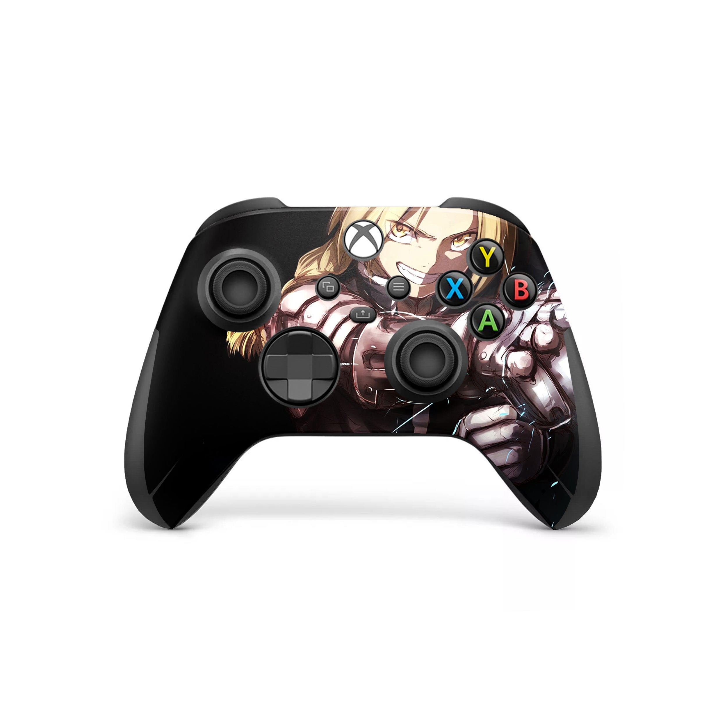 A video game skin featuring a Fullmetal Alchemist Edward Elric design for the Xbox Wireless Controller.