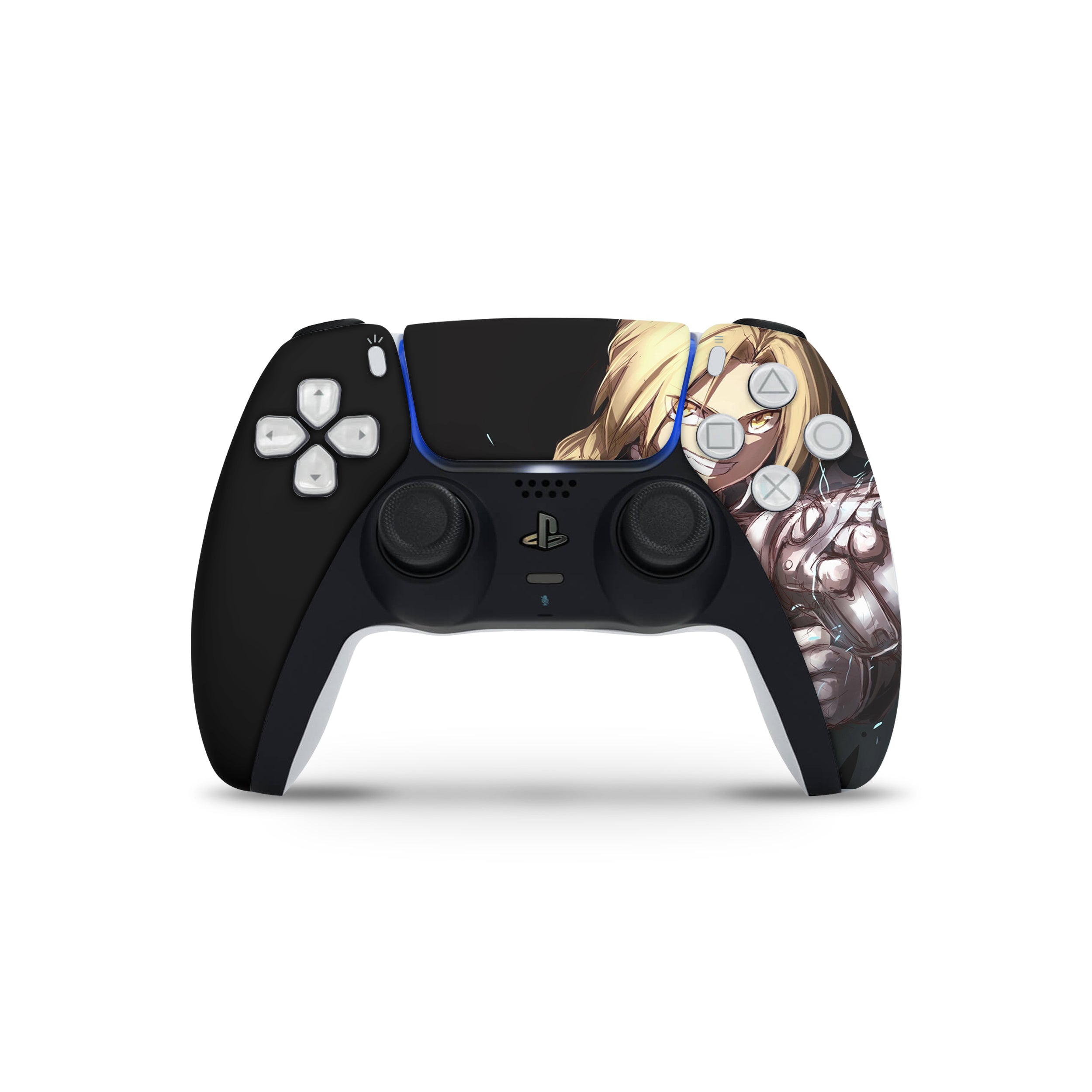 A video game skin featuring a Fullmetal Alchemist Edward Elric design for the PS5 DualSense Controller.