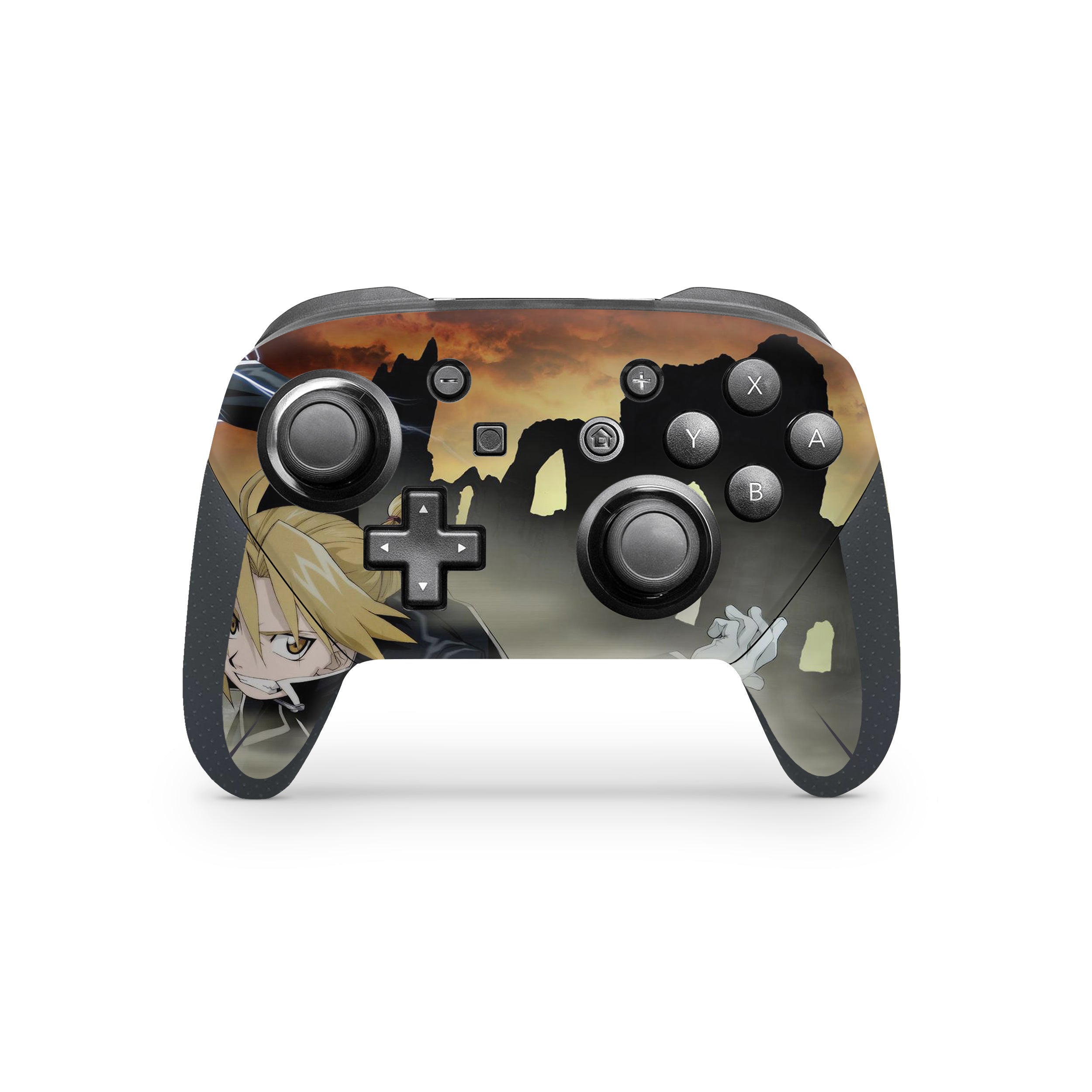 A video game skin featuring a Fullmetal Alchemist Edward Elric design for the Switch Pro Controller.