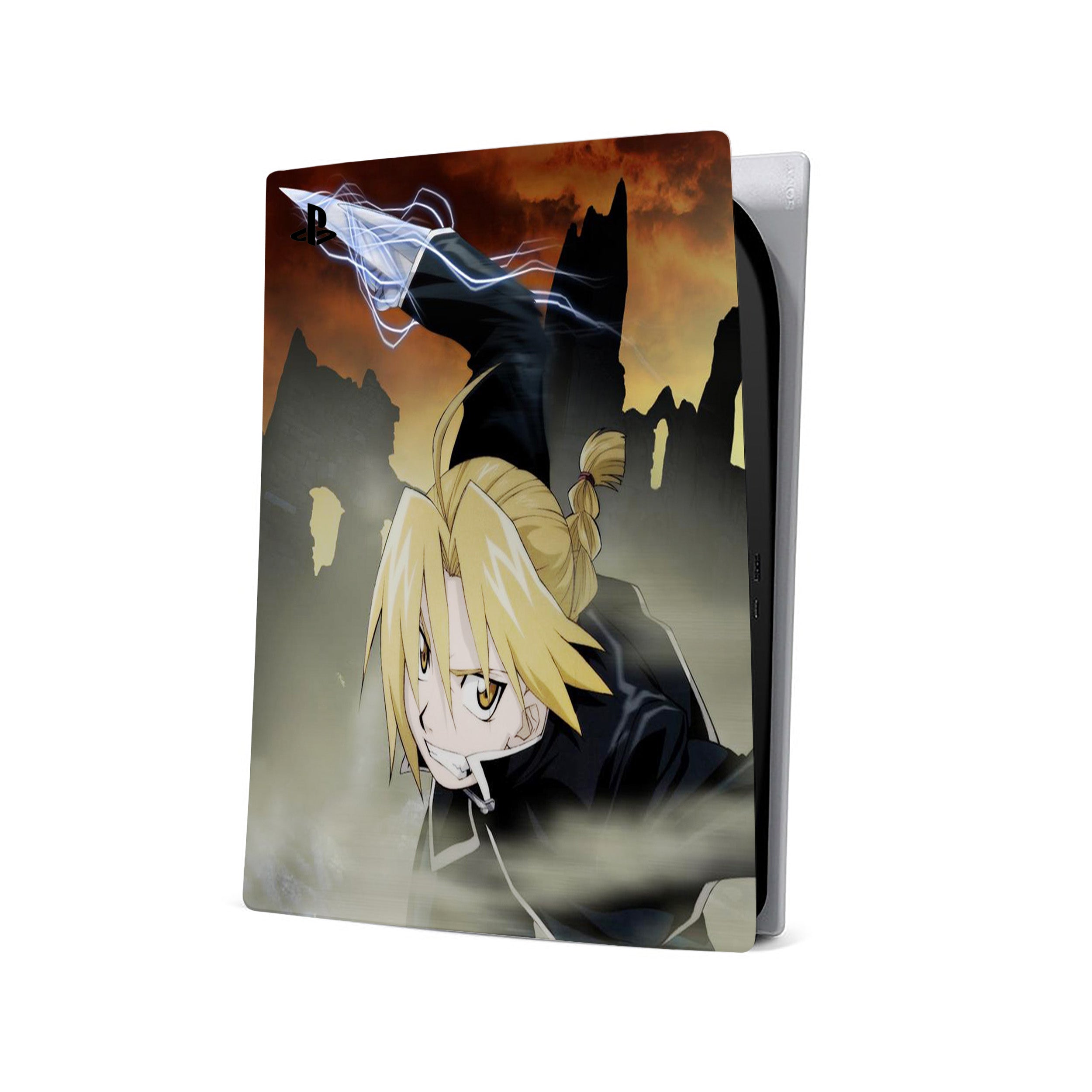 A video game skin featuring a Fullmetal Alchemist Edward Elric design for the PS5.
