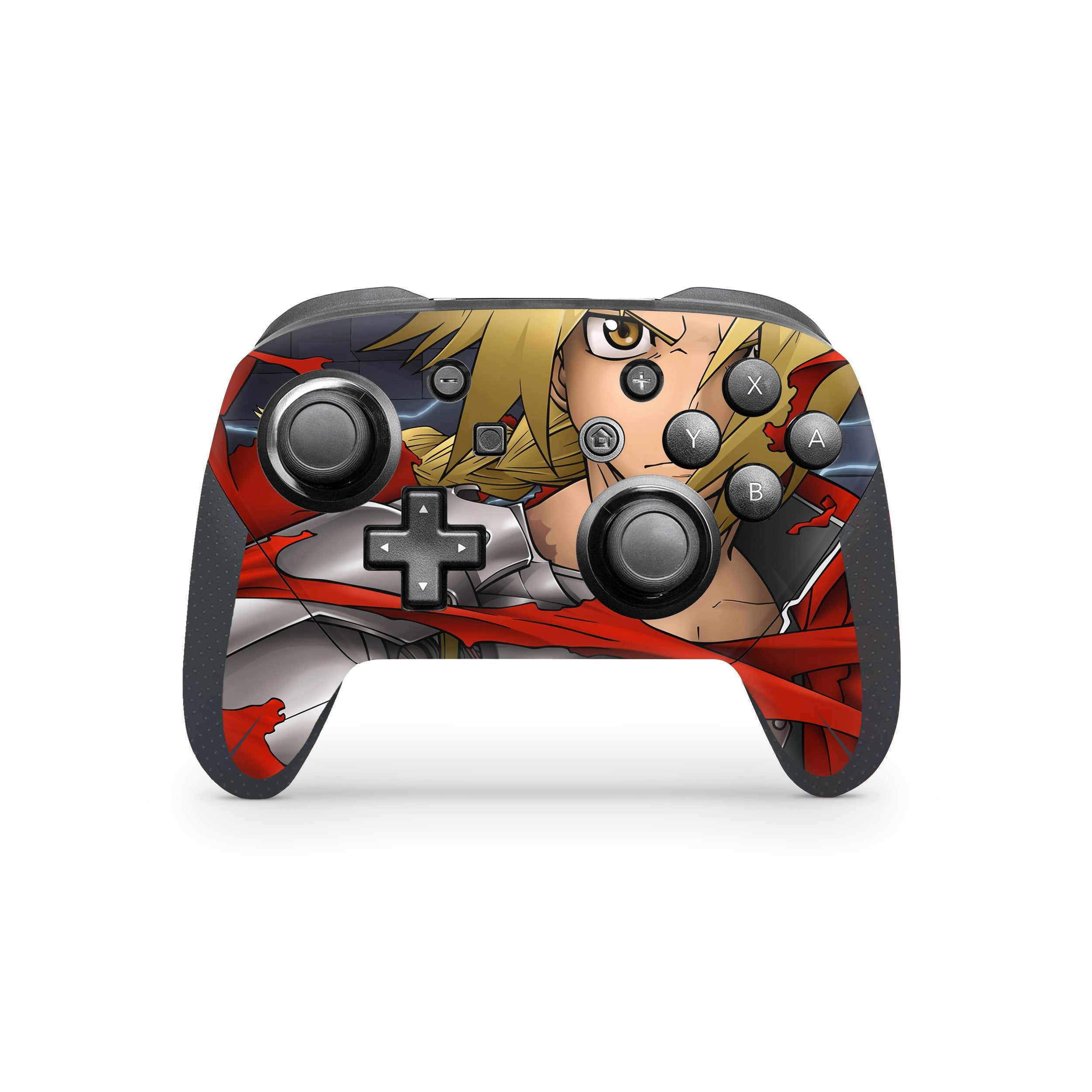 A video game skin featuring a Fullmetal Alchemist Edward Elric design for the Switch Pro Controller.