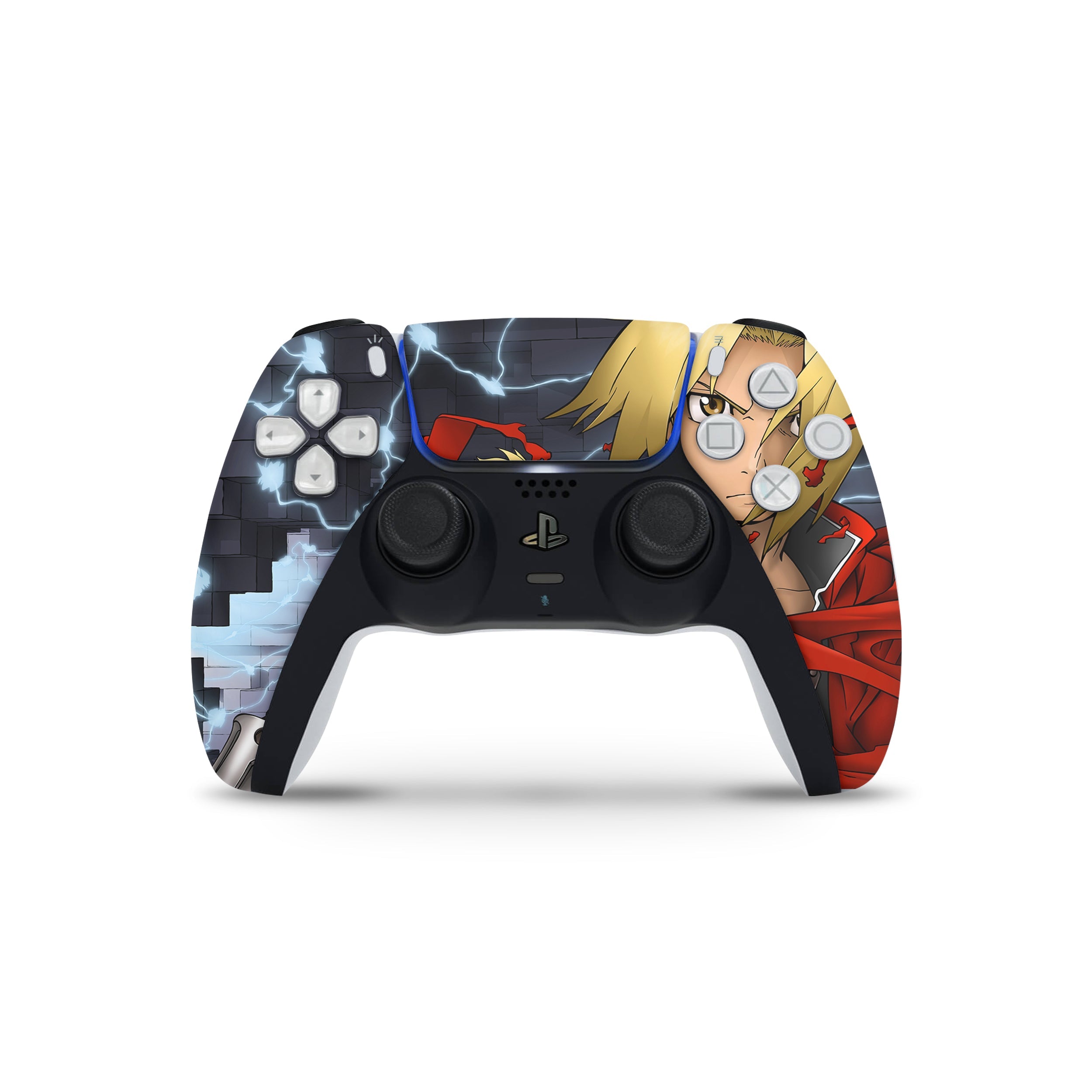 A video game skin featuring a Fullmetal Alchemist Edward Elric design for the PS5 DualSense Controller.