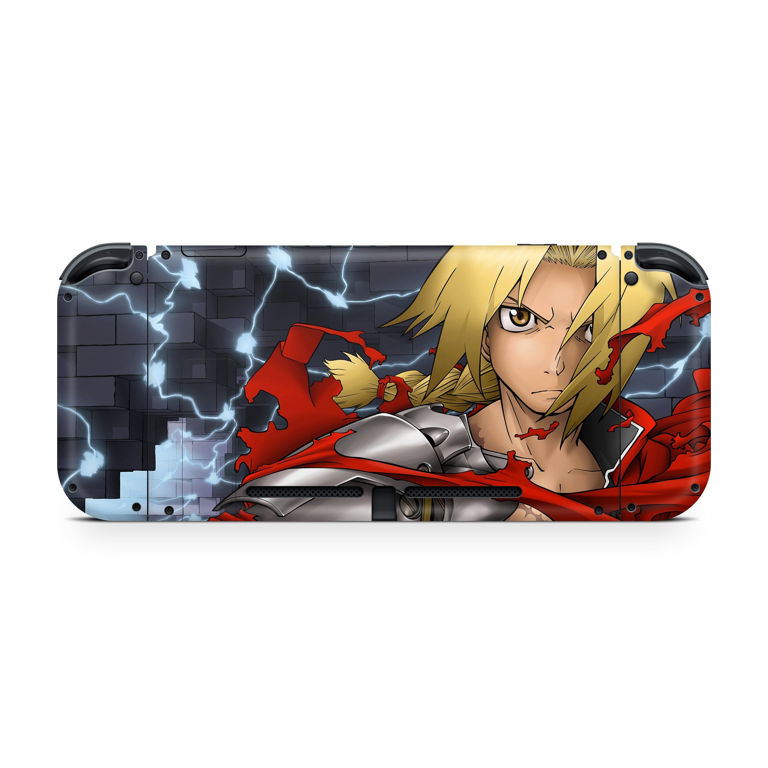 A video game skin featuring a Fullmetal Alchemist Edward Elric design for the Nintendo Switch.