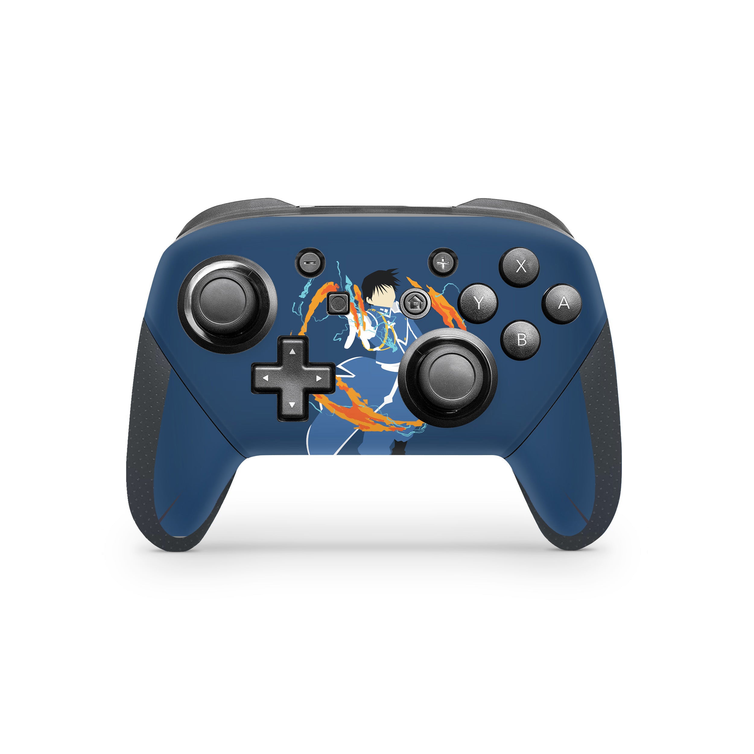 A video game skin featuring a Fullmetal Alchemist Roy Mustang design for the Switch Pro Controller.