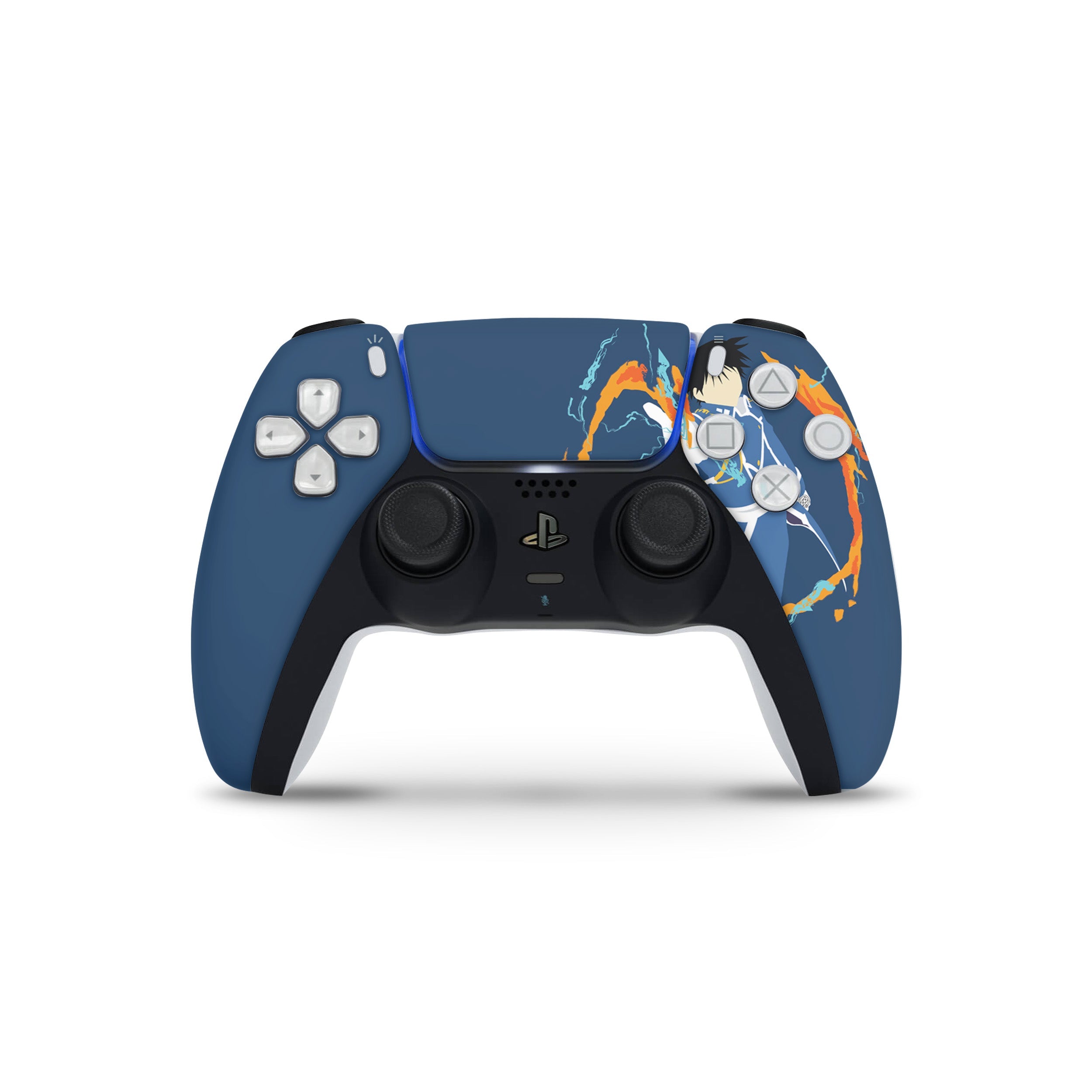 A video game skin featuring a Fullmetal Alchemist Roy Mustang design for the PS5 DualSense Controller.