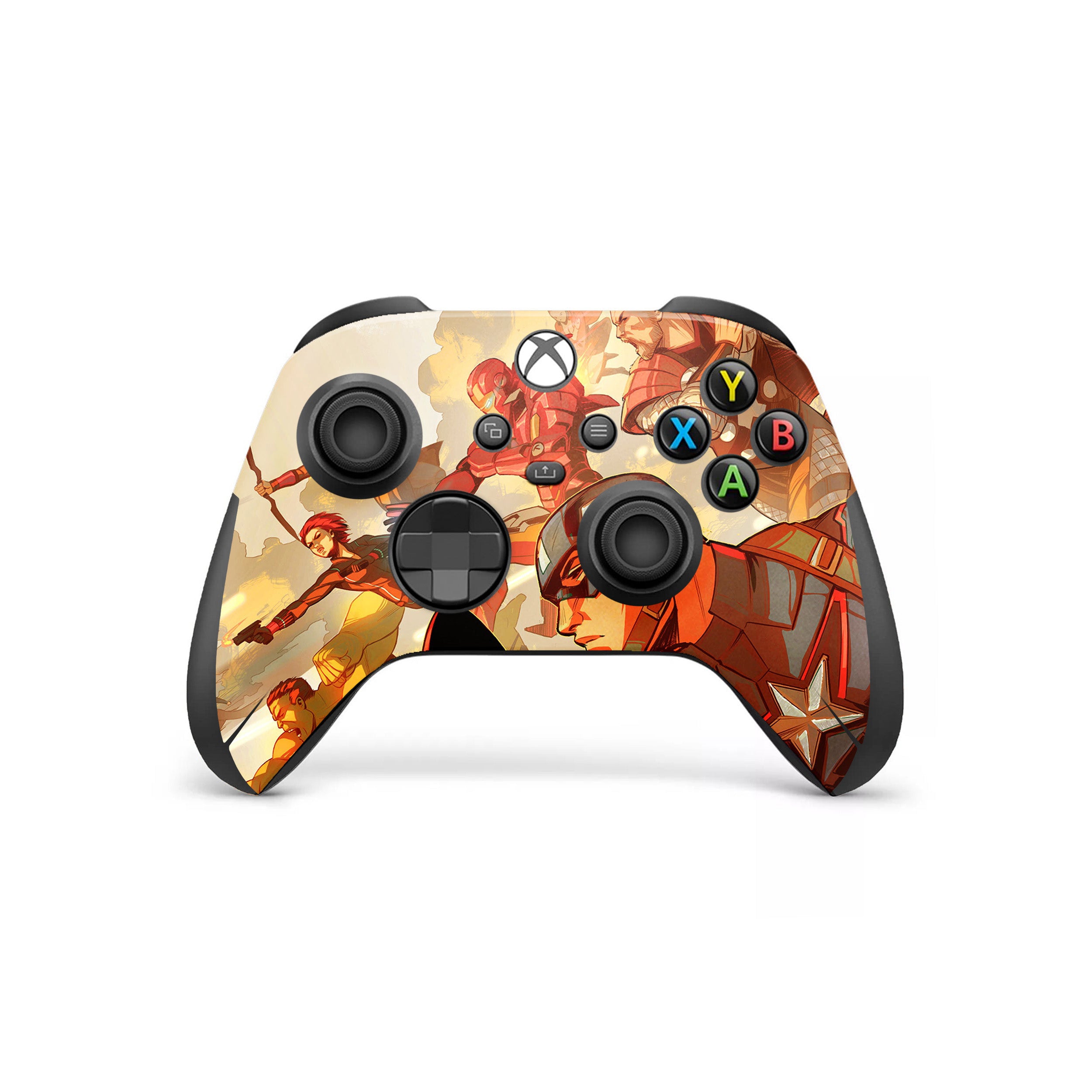 A video game skin featuring a Marvel Comics Avengers design for the Xbox Wireless Controller.