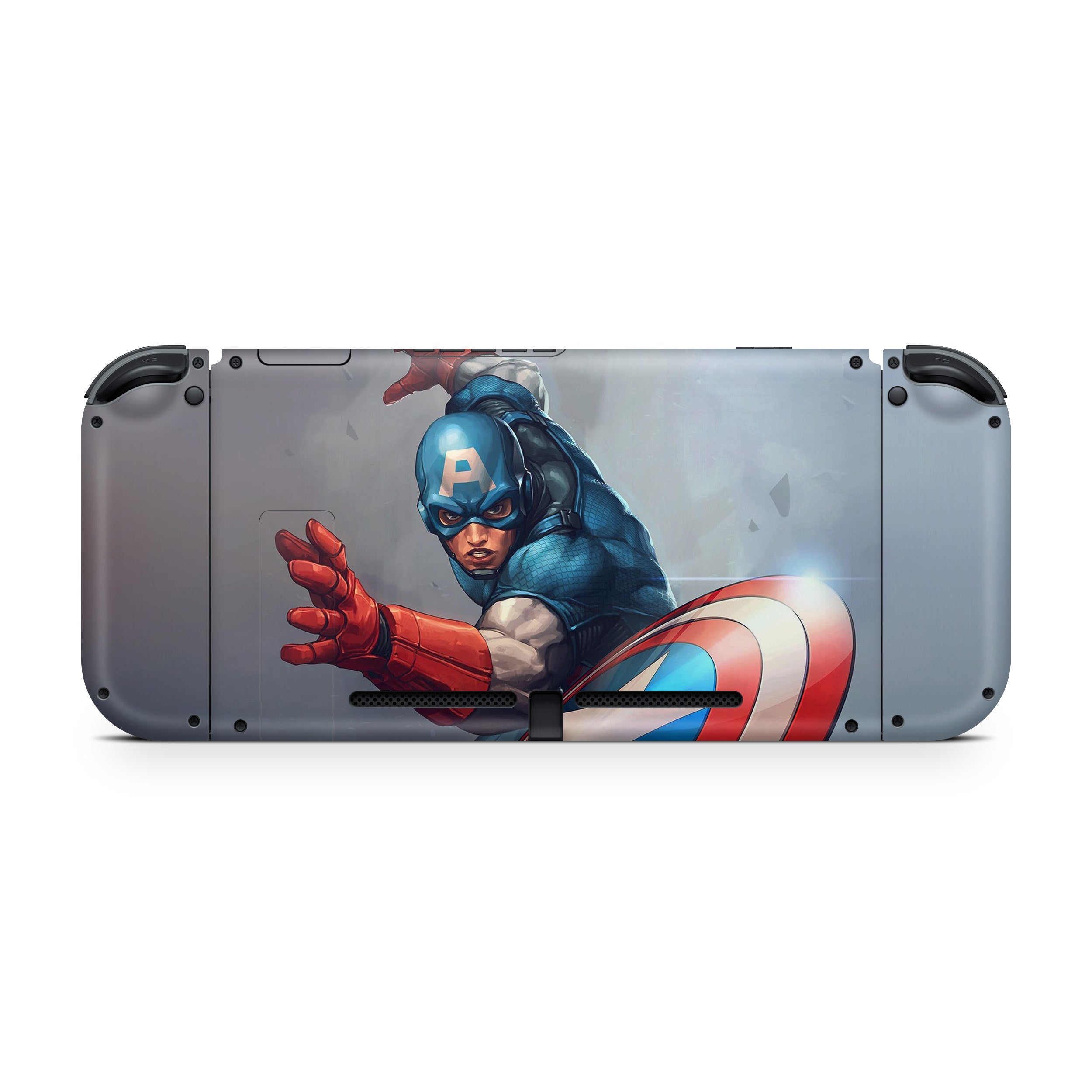 A video game skin featuring a Marvel Comics Captain America design for the Nintendo Switch.