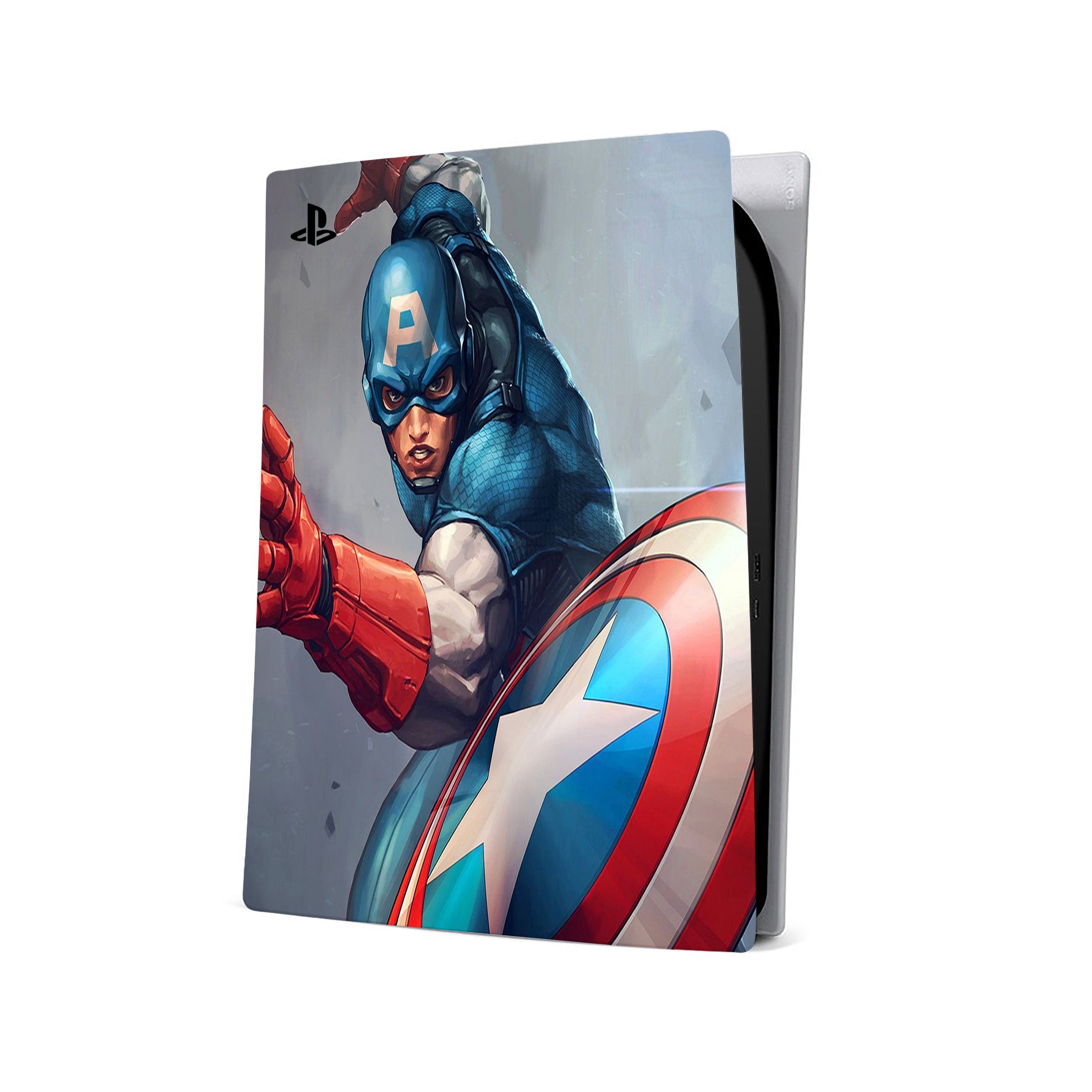 A video game skin featuring a Marvel Comics Captain America design for the PS5.