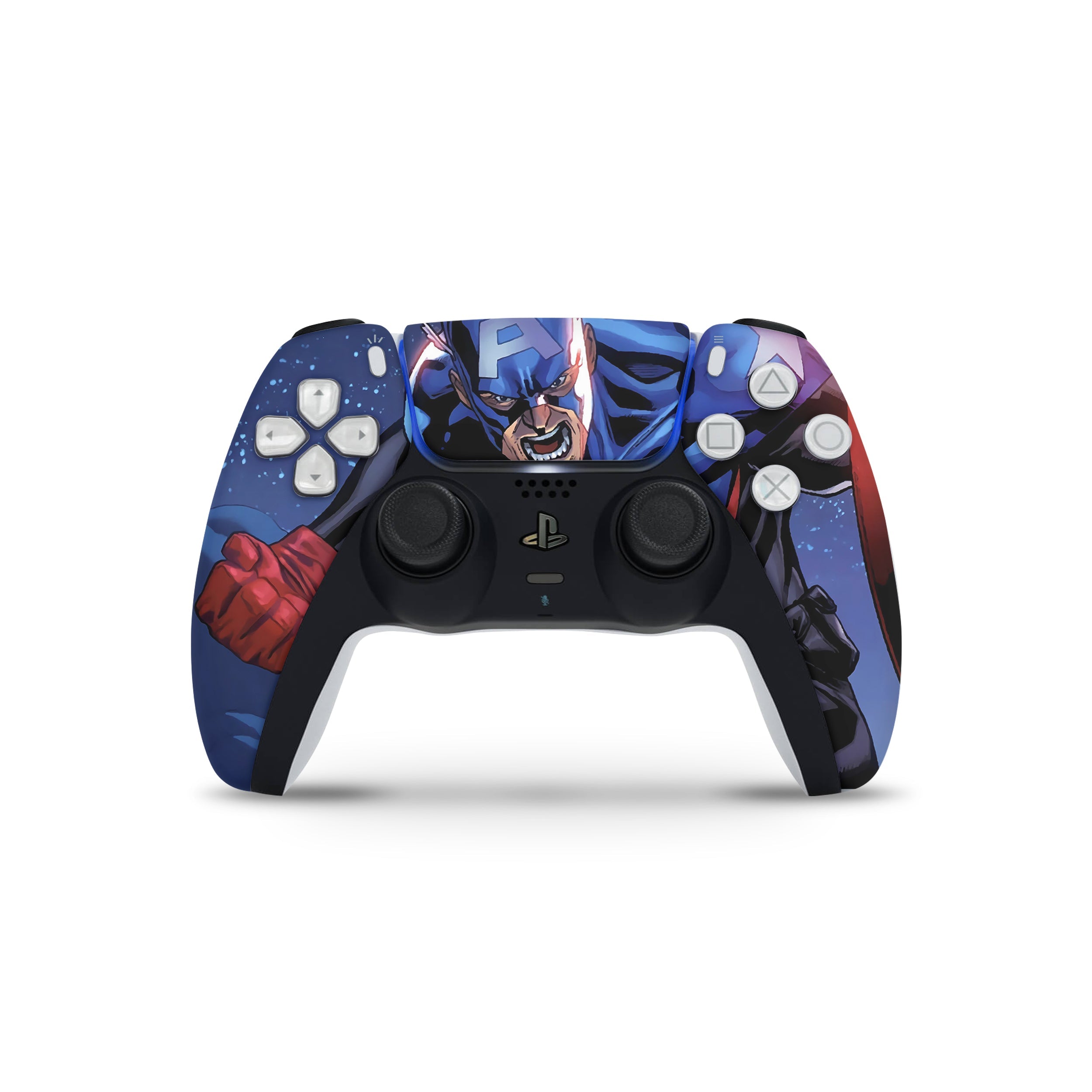 A video game skin featuring a Marvel Comics Captain America design for the PS5 DualSense Controller.