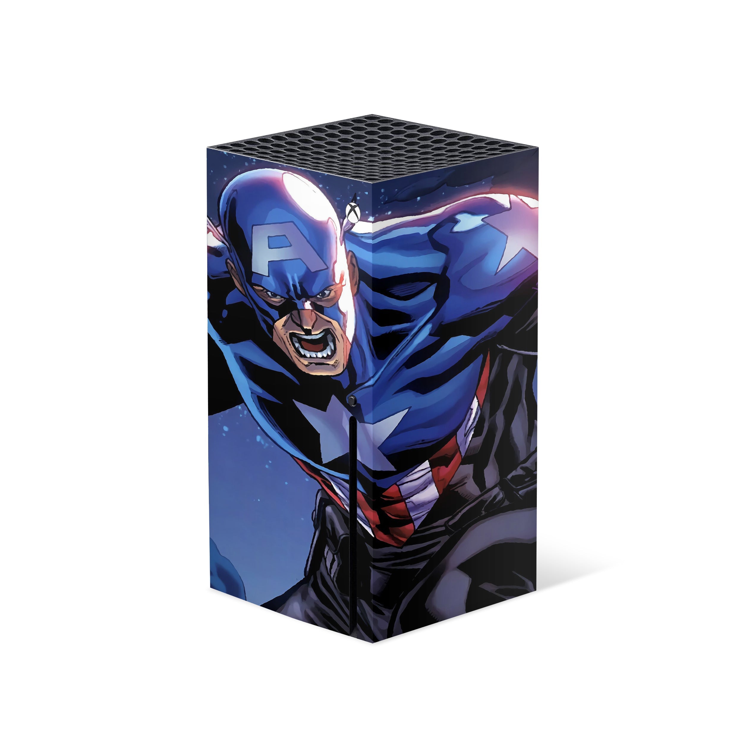 A video game skin featuring a Marvel Comics Captain America design for the Xbox Series X.