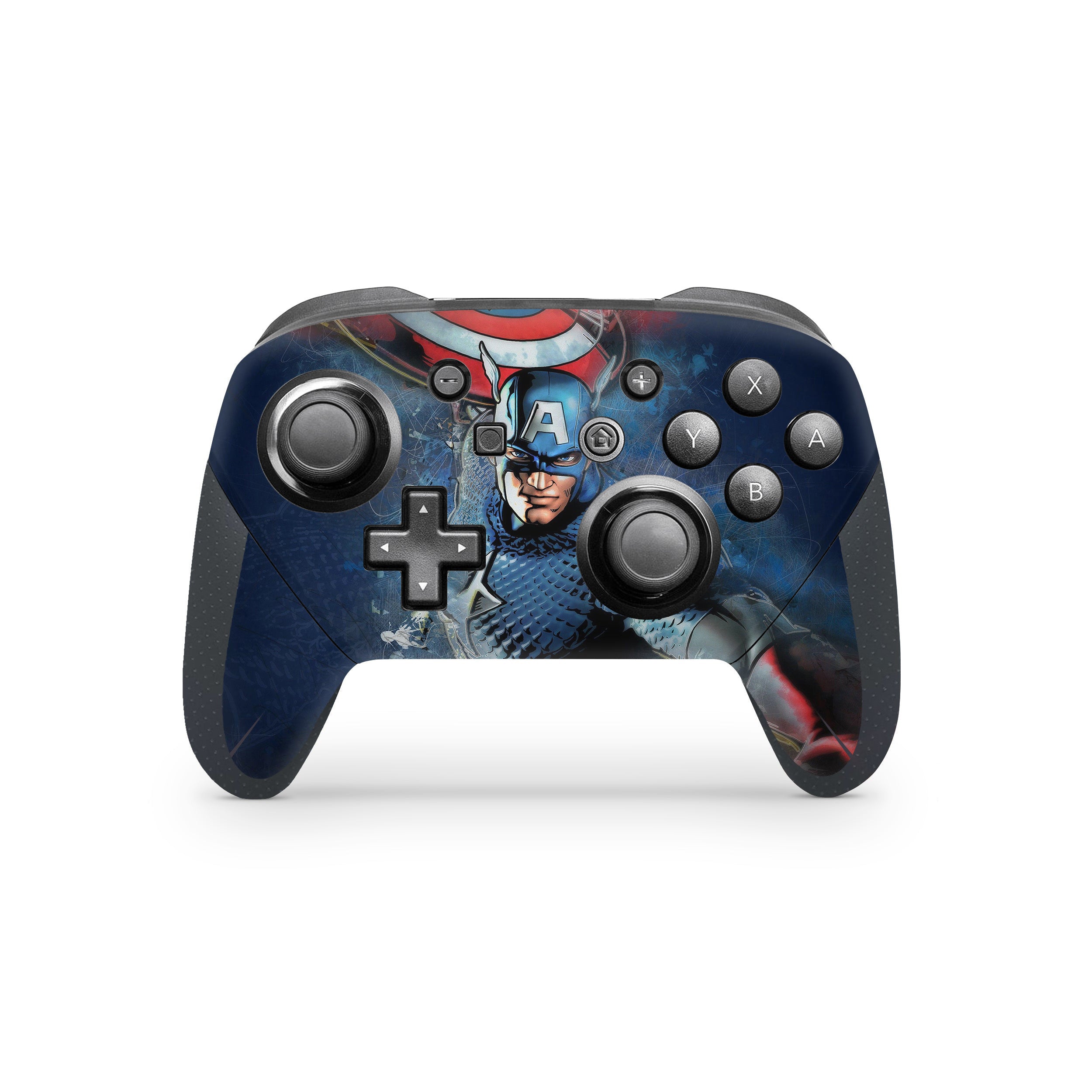 A video game skin featuring a Marvel Comics Captain America design for the Switch Pro Controller.