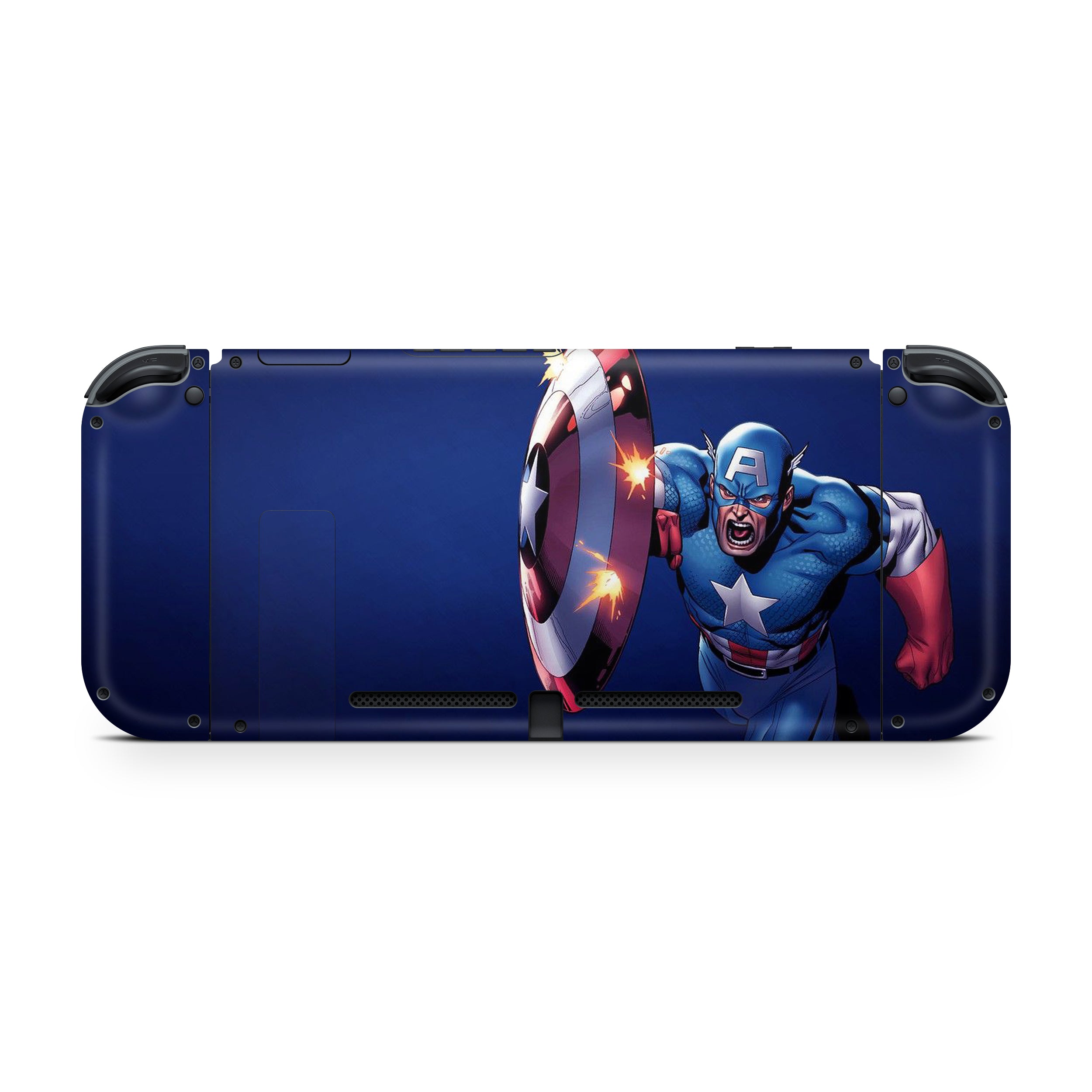 A video game skin featuring a Marvel Comics Captain America design for the Nintendo Switch.