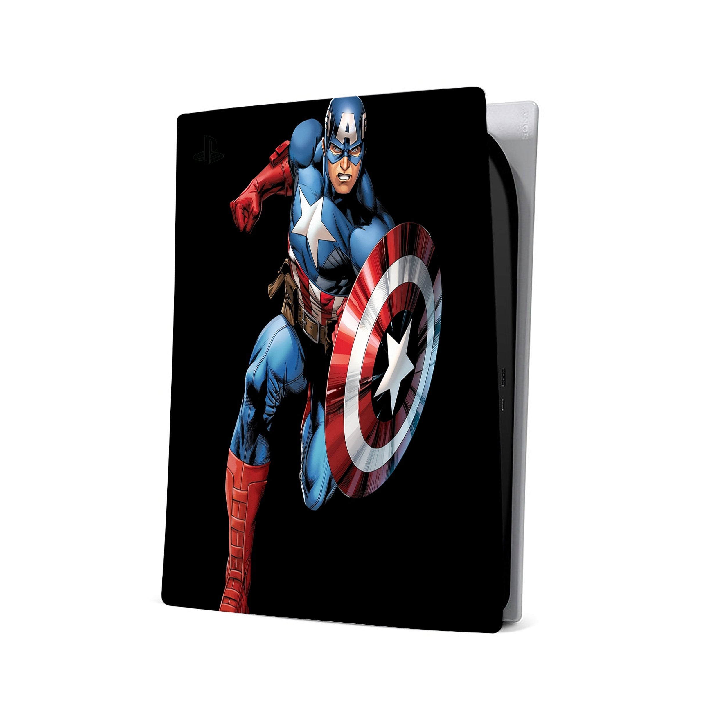 A video game skin featuring a Marvel Comics Captain America design for the PS5.