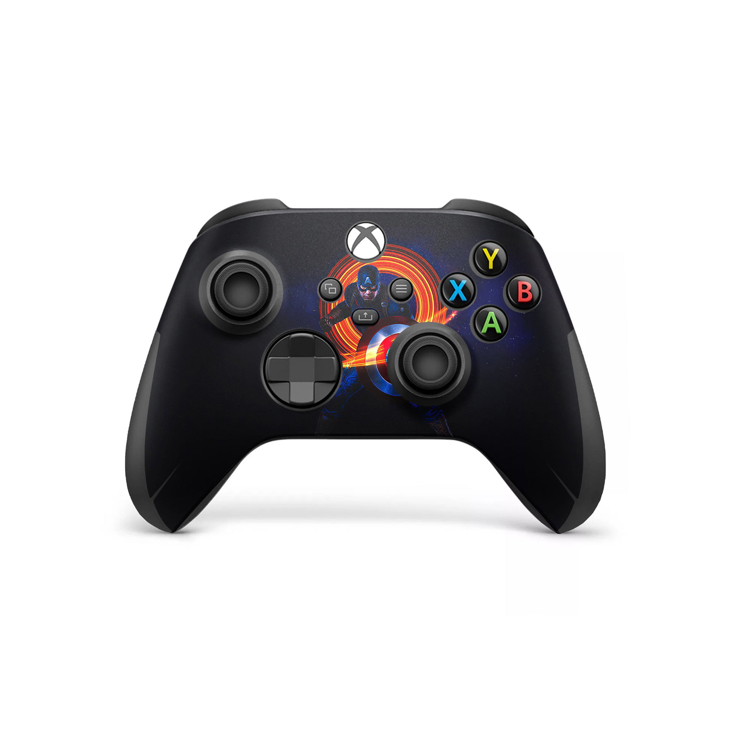 A video game skin featuring a Marvel Comics Captain America design for the Xbox Wireless Controller.
