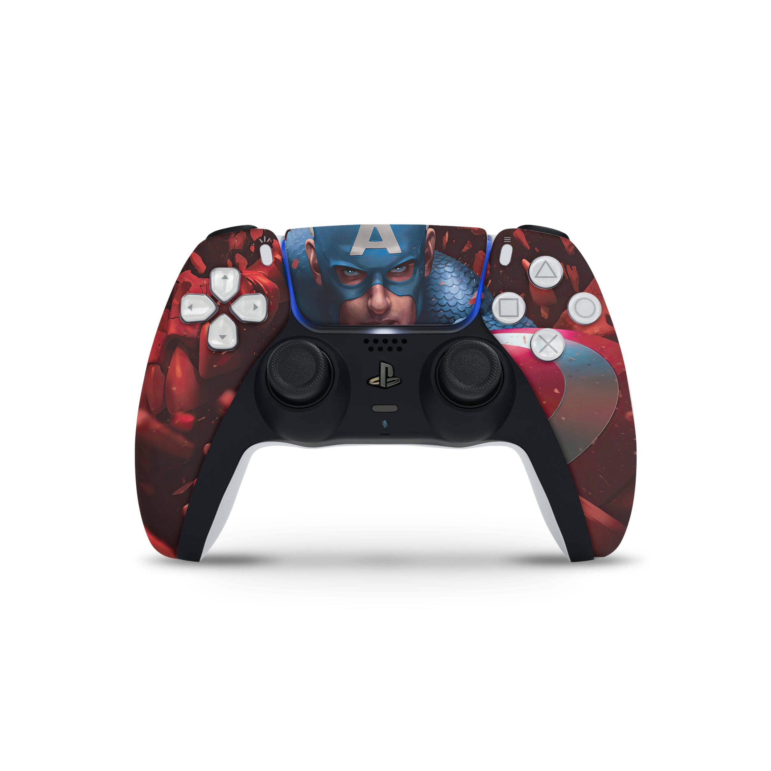 A video game skin featuring a Marvel Comics Captain America design for the PS5 DualSense Controller.