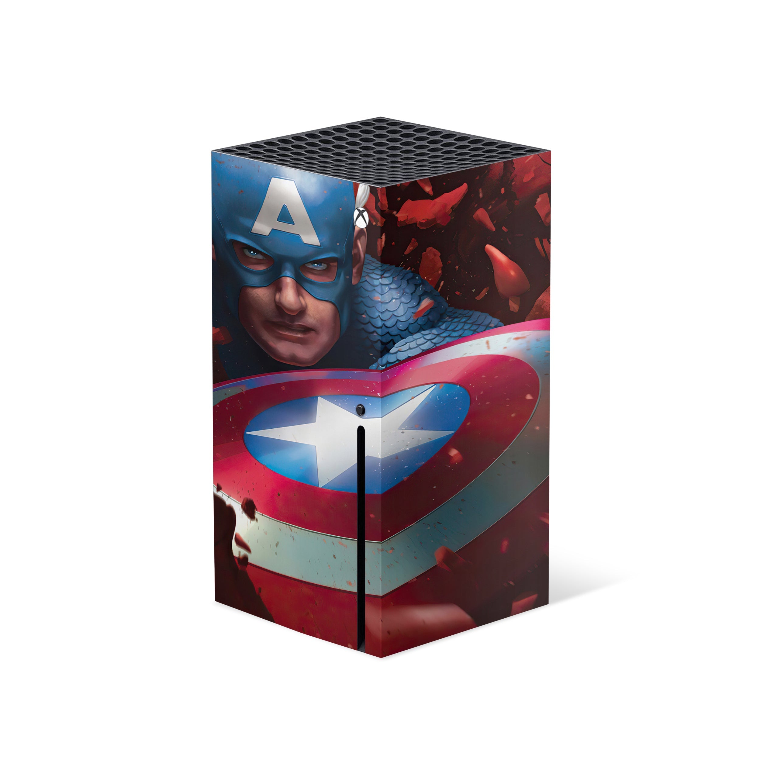 A video game skin featuring a Marvel Comics Captain America design for the Xbox Series X.