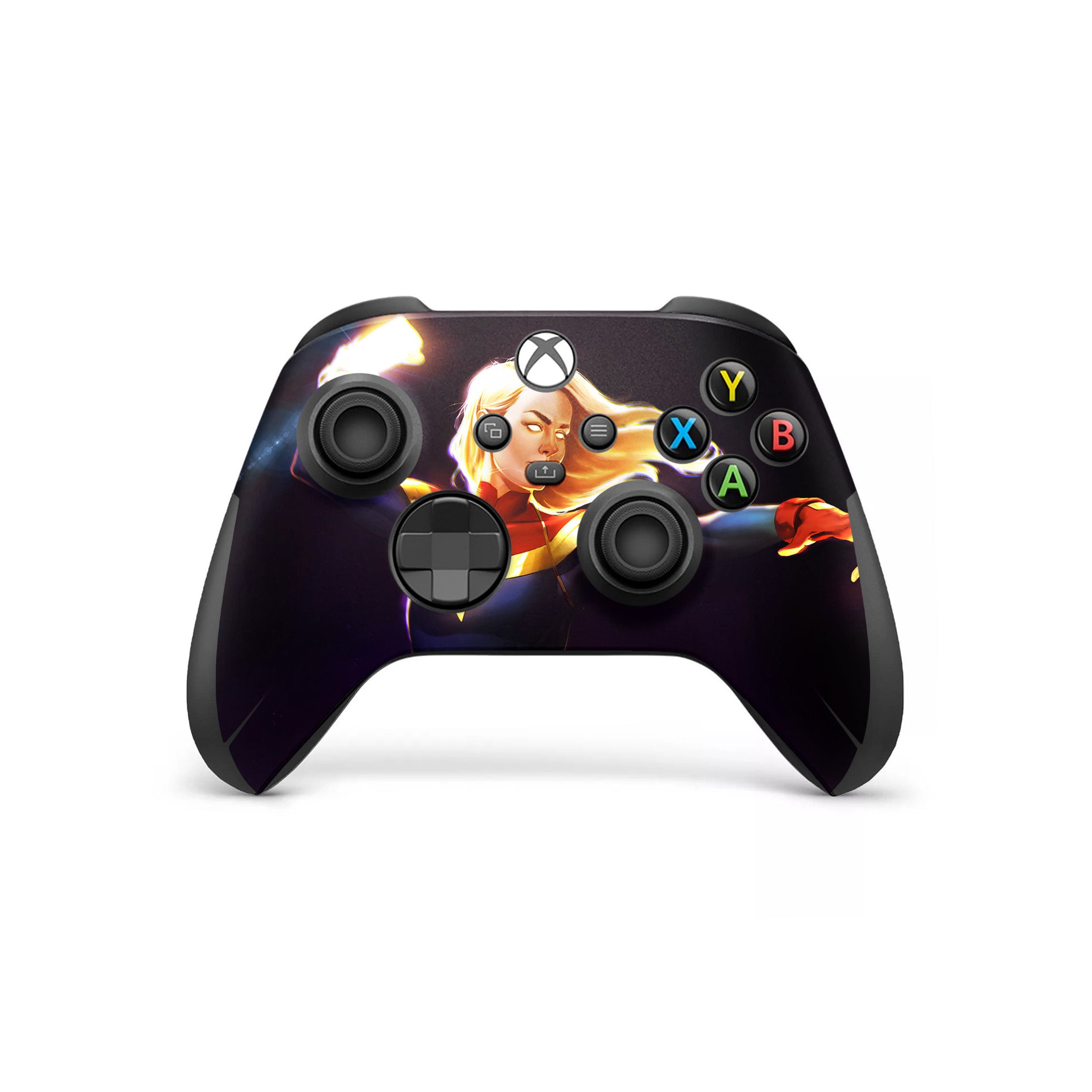 A video game skin featuring a Marvel Comics Captain Marvel design for the Xbox Wireless Controller.