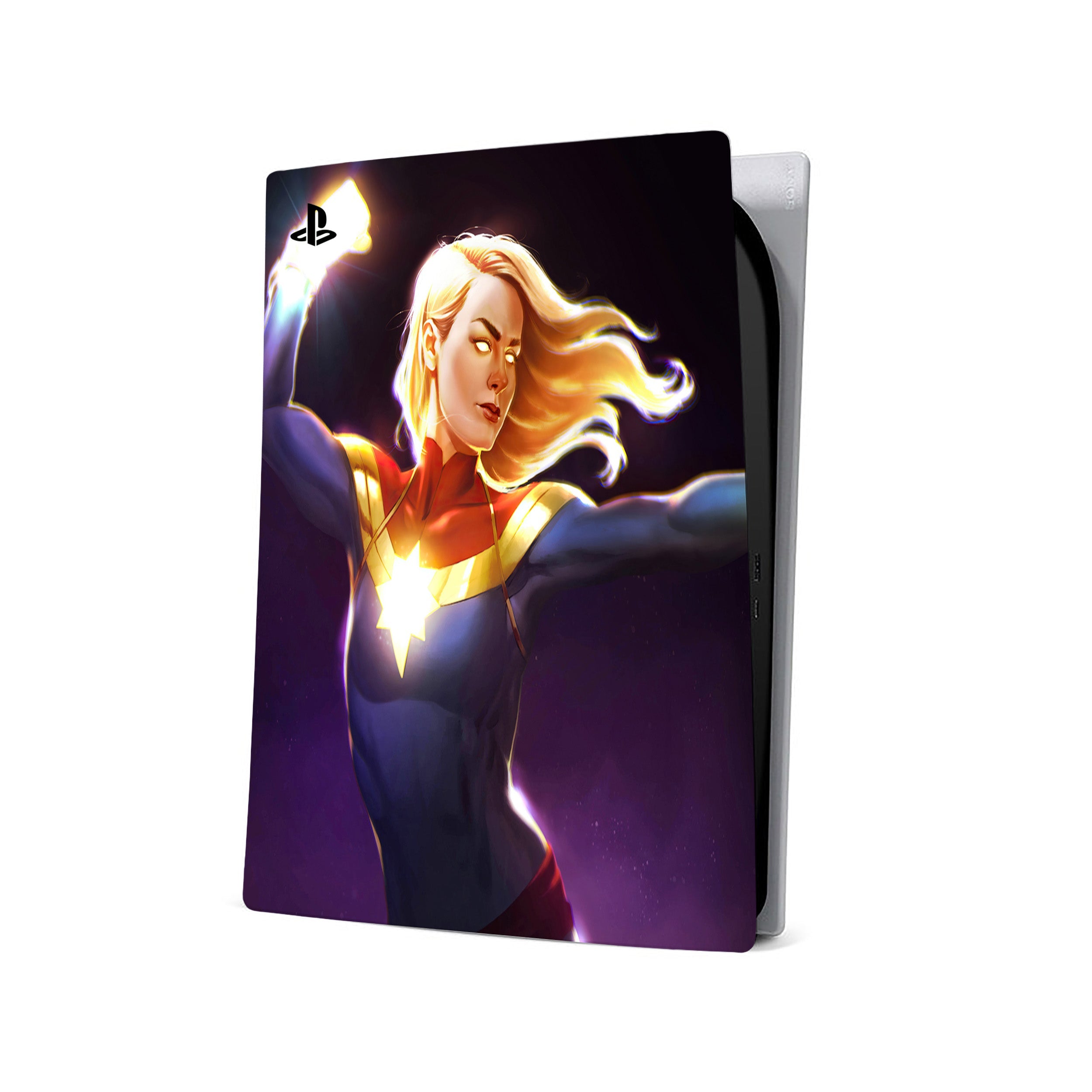 A video game skin featuring a Marvel Comics Captain Marvel design for the PS5.