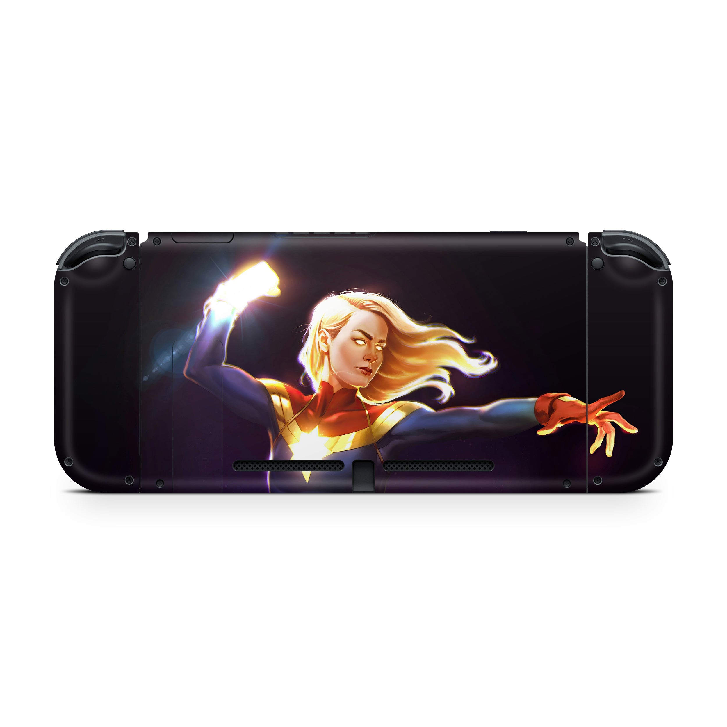 A video game skin featuring a Marvel Comics Captain Marvel design for the Nintendo Switch.