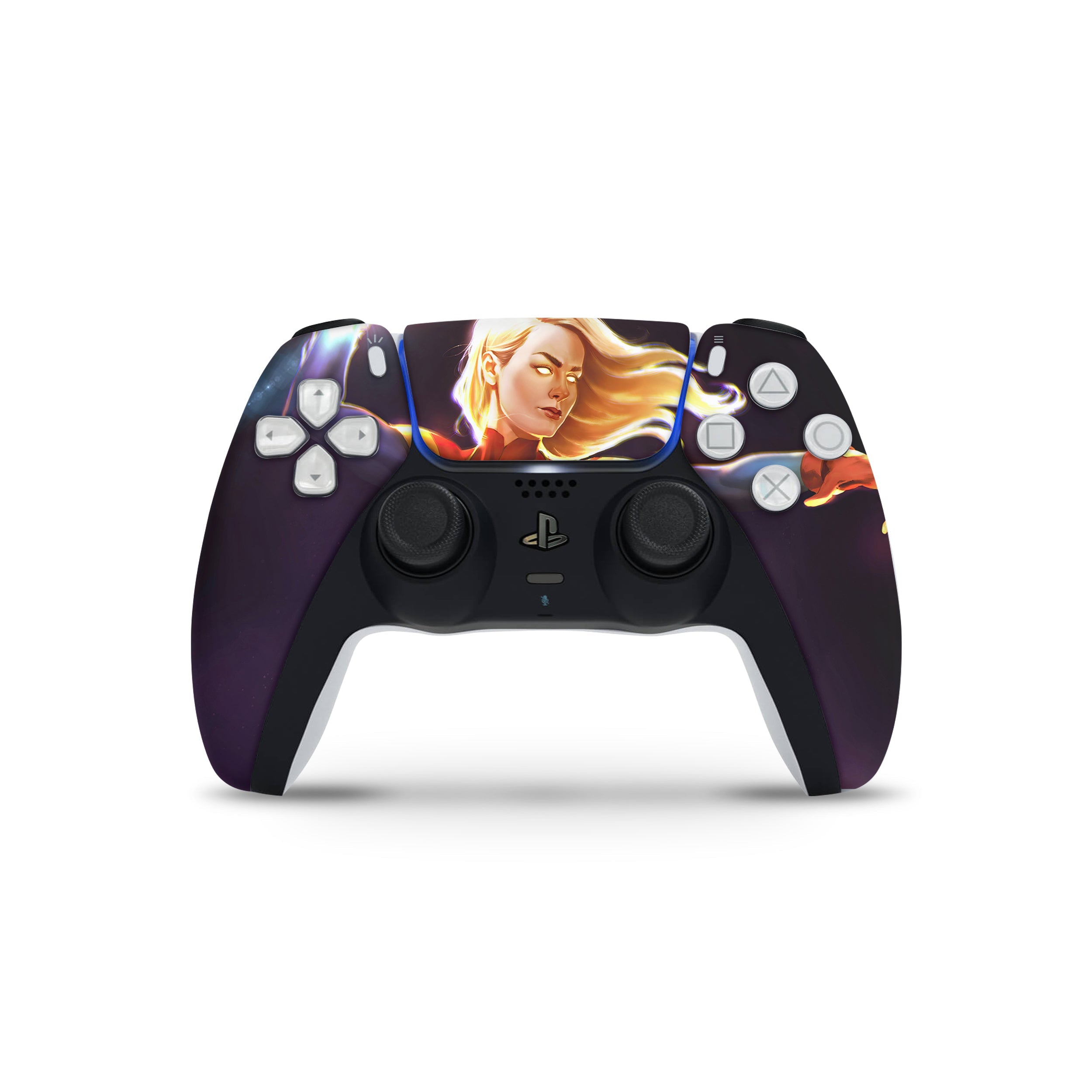 A video game skin featuring a Marvel Comics Captain Marvel design for the PS5 DualSense Controller.