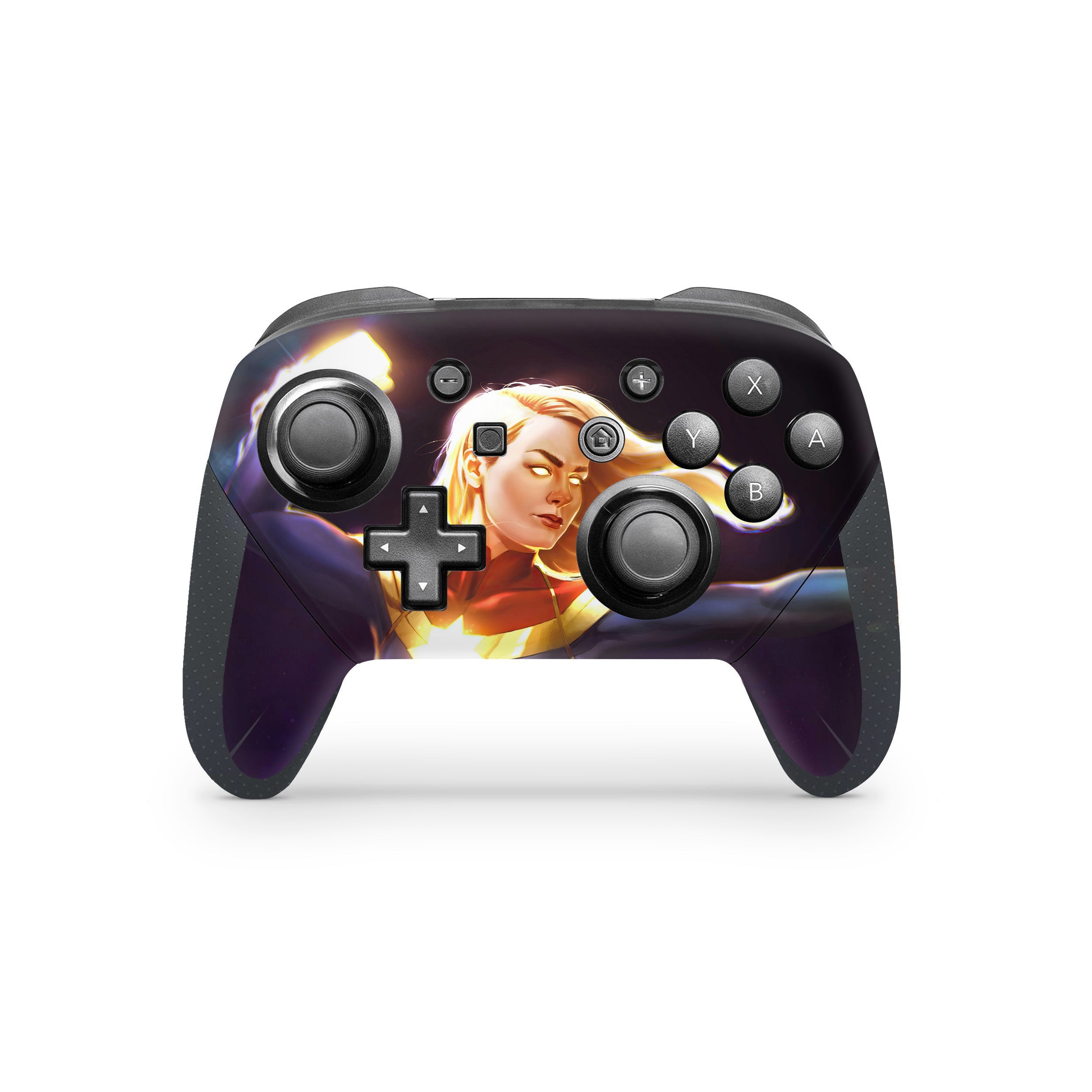 A video game skin featuring a Marvel Comics Captain Marvel design for the Switch Pro Controller.