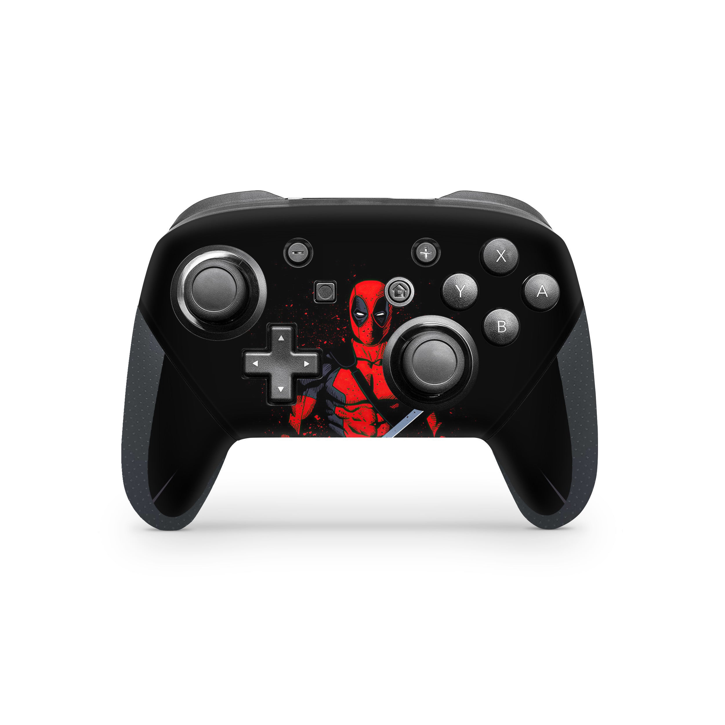 A video game skin featuring a Marvel Comics Deadpool design for the Switch Pro Controller.