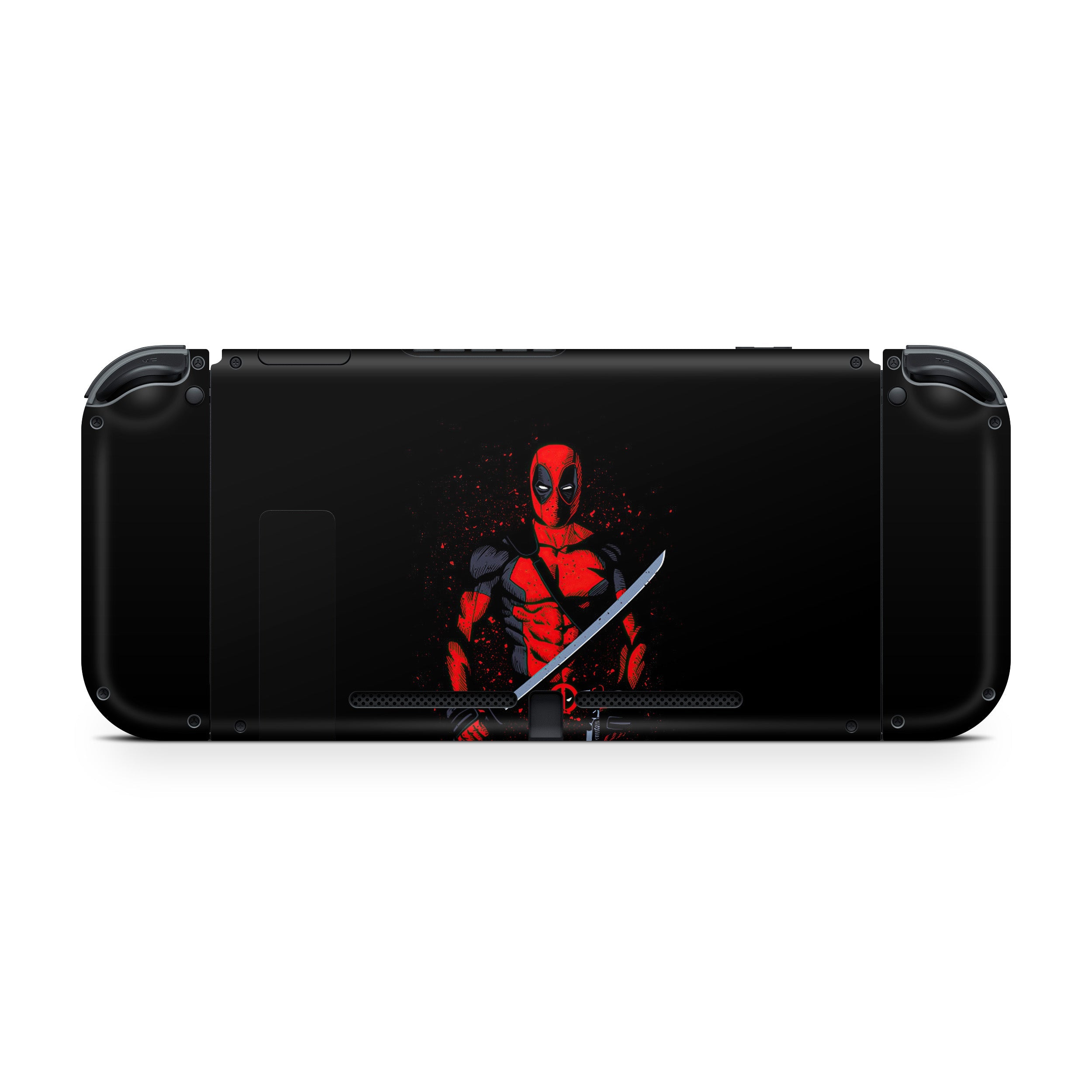 A video game skin featuring a Marvel Comics Deadpool design for the Nintendo Switch.