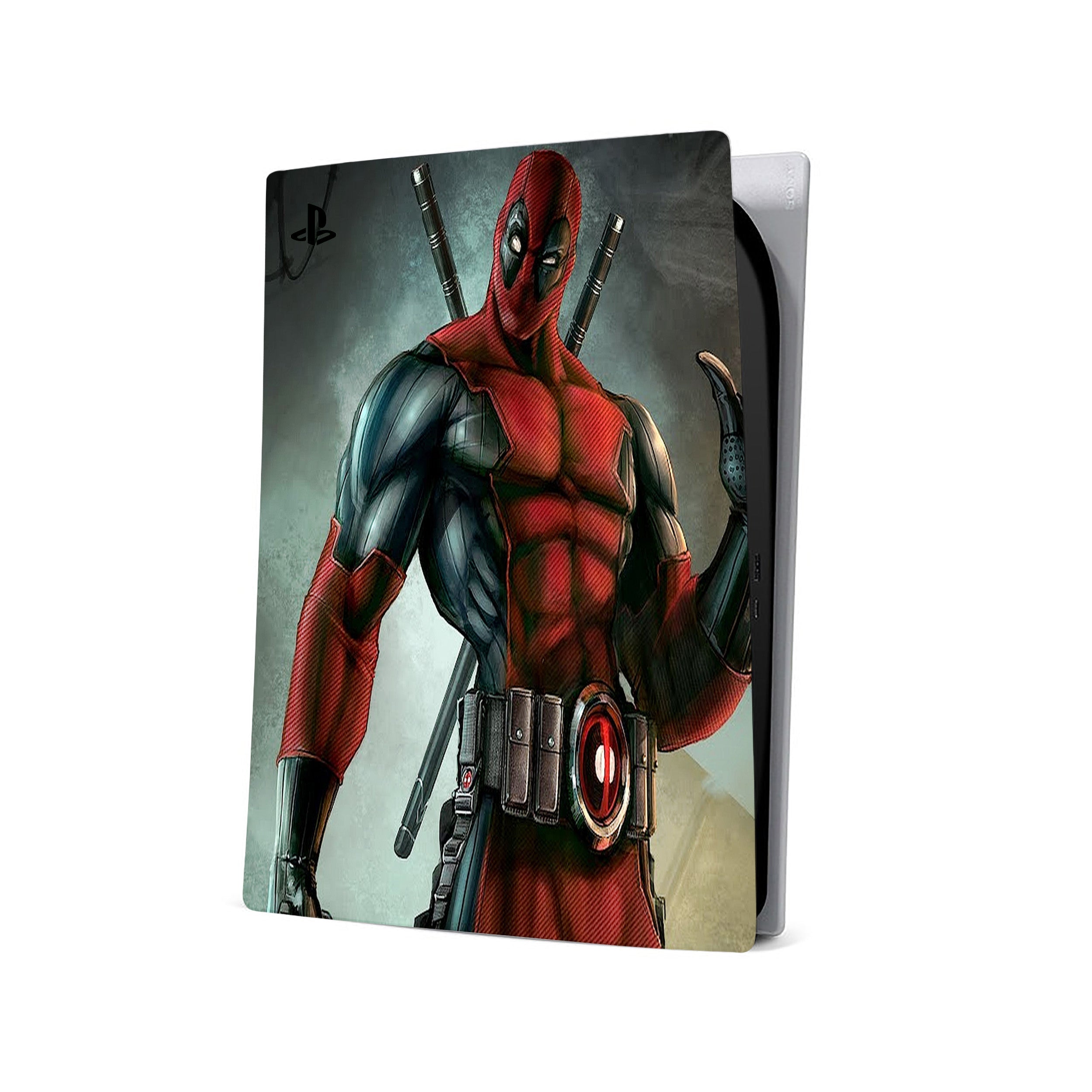 A video game skin featuring a Marvel Comics Deadpool design for the PS5.