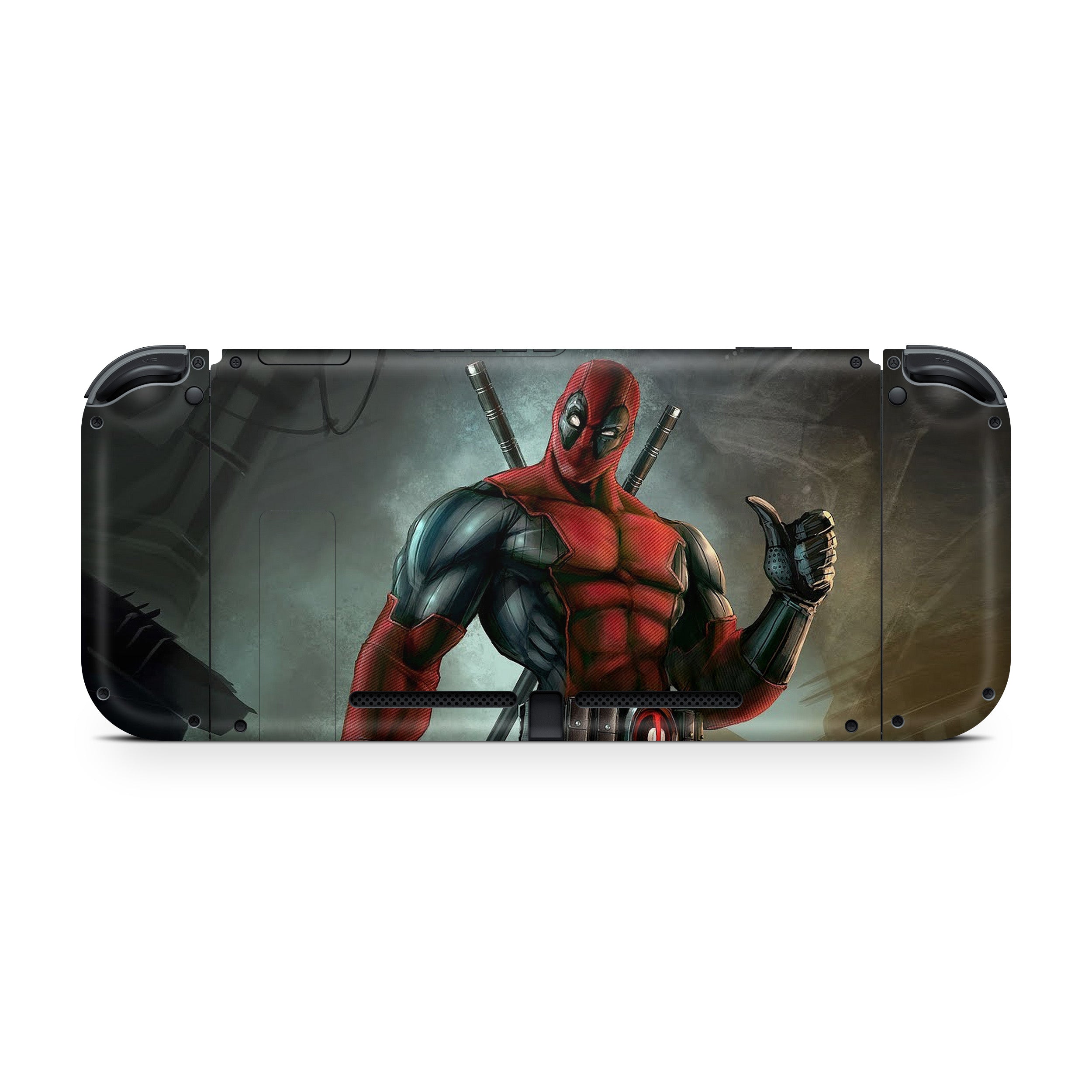 A video game skin featuring a Marvel Comics Deadpool design for the Nintendo Switch.