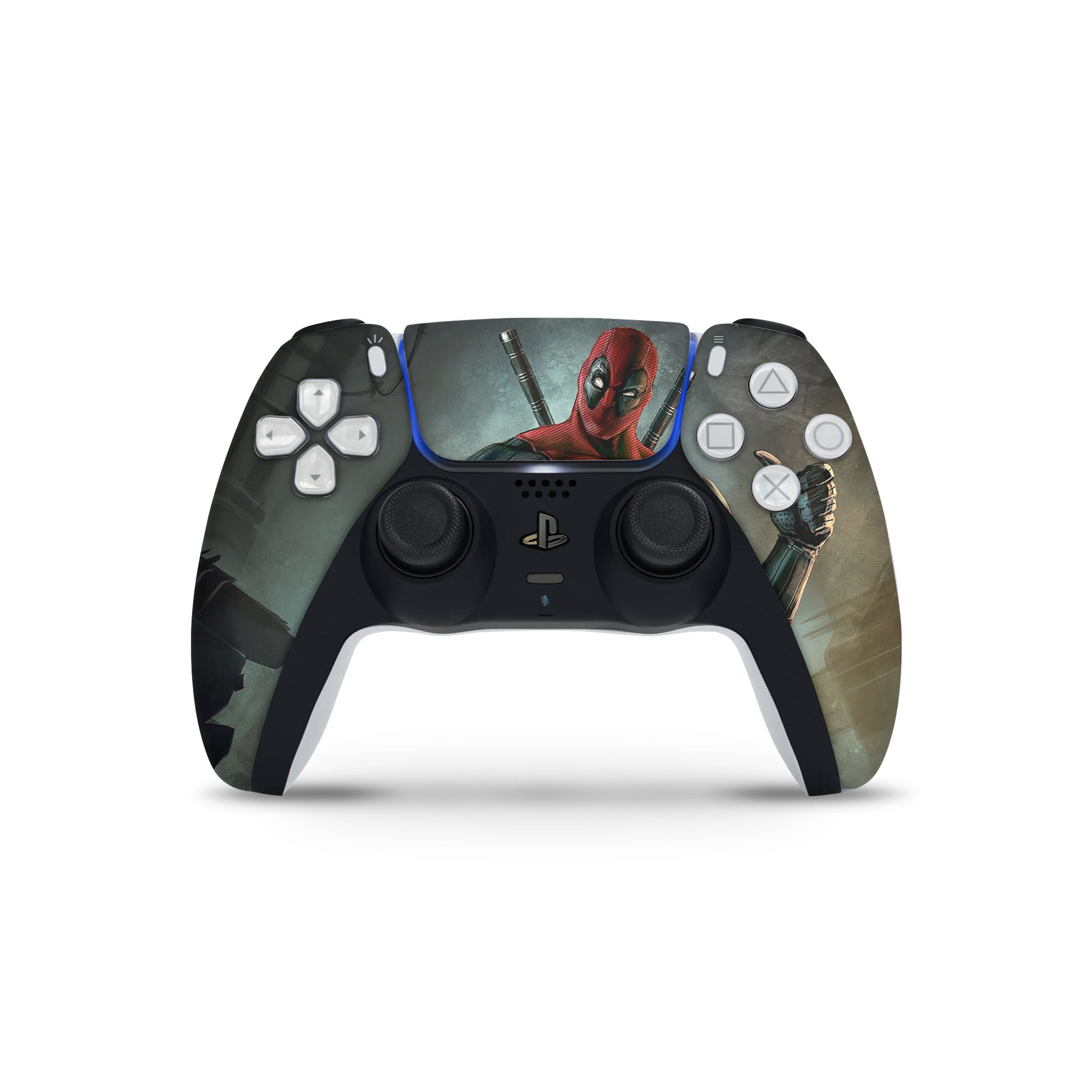 A video game skin featuring a Marvel Comics Deadpool design for the PS5 DualSense Controller.