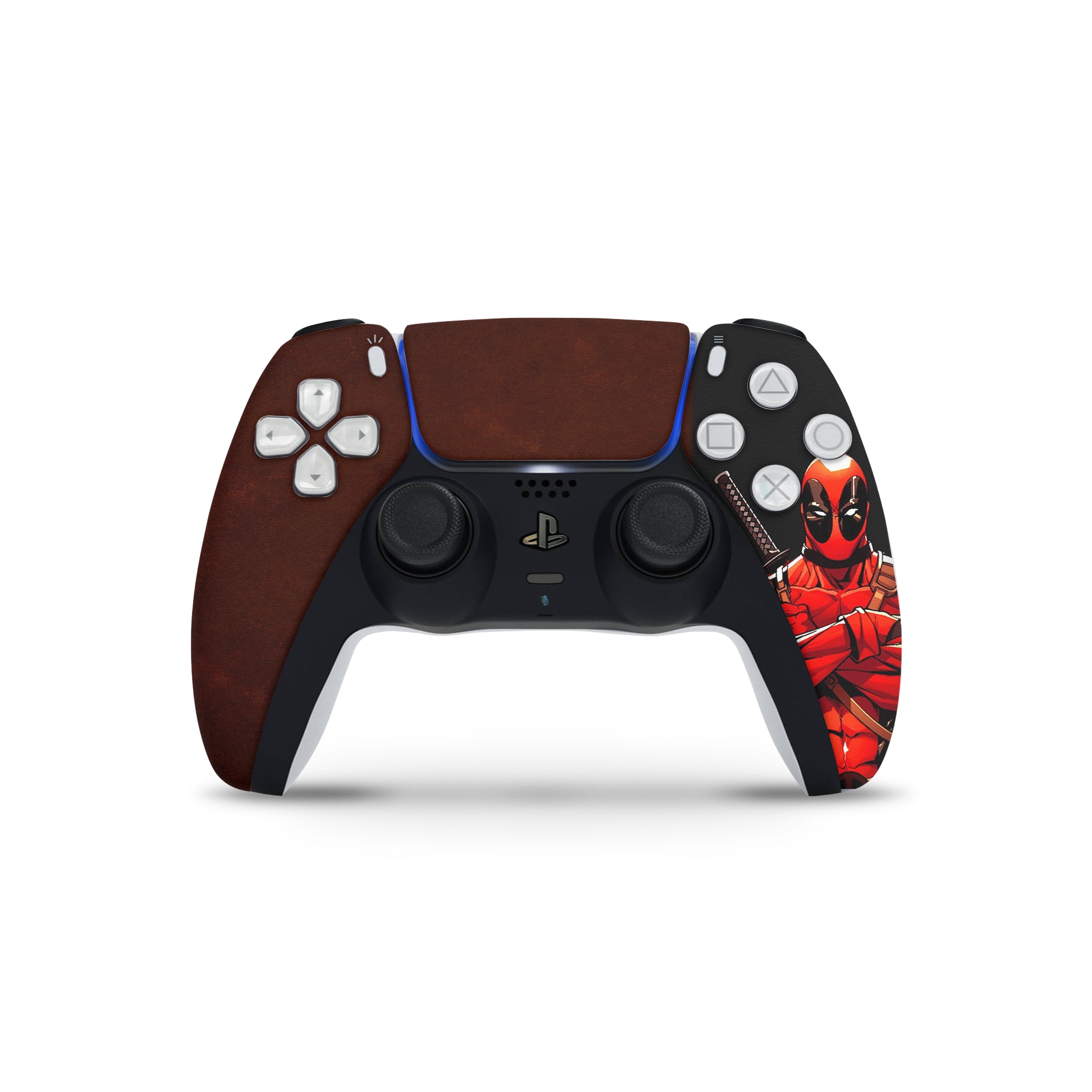 A video game skin featuring a Marvel Comics Deadpool design for the PS5 DualSense Controller.