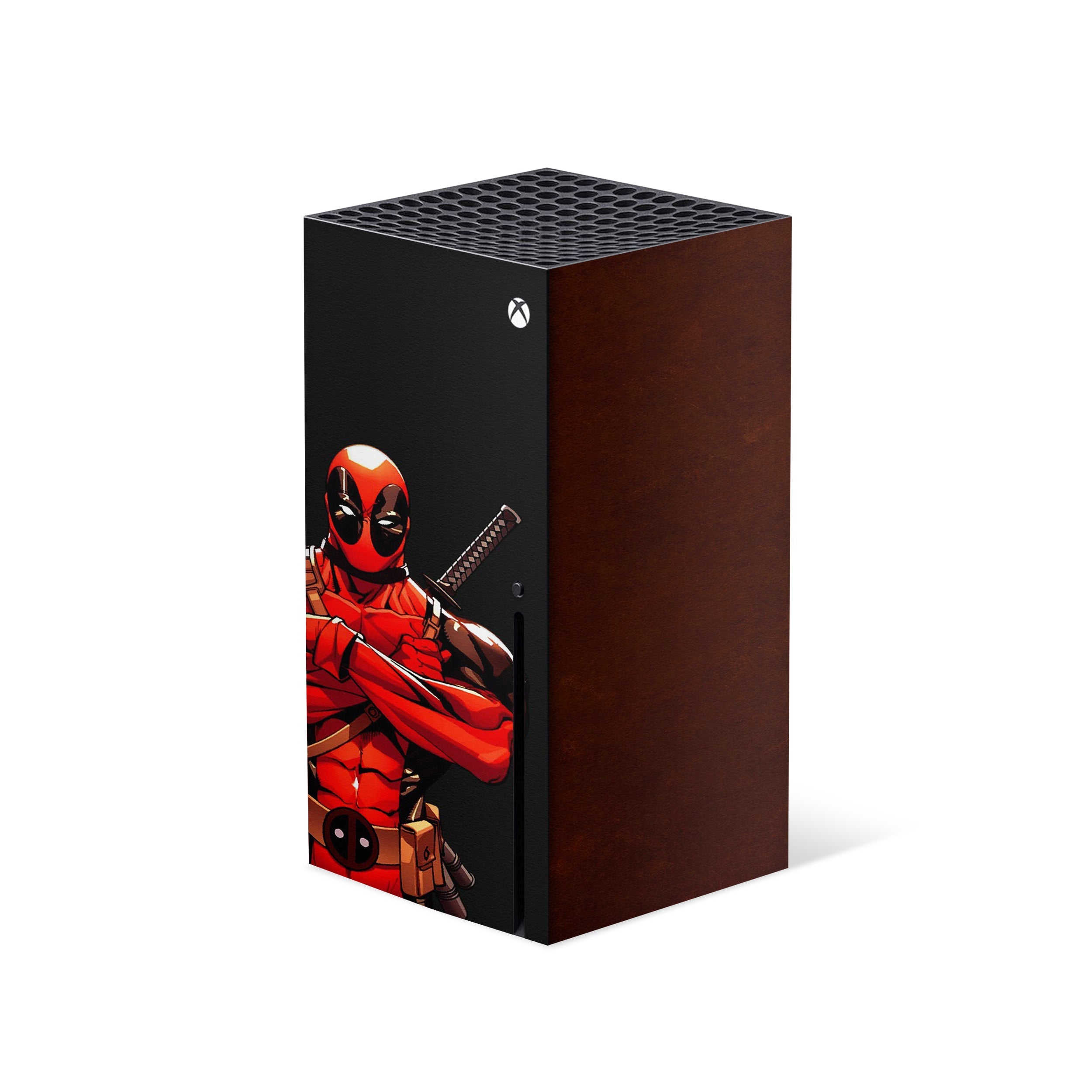 A video game skin featuring a Marvel Comics Deadpool design for the Xbox Series X.