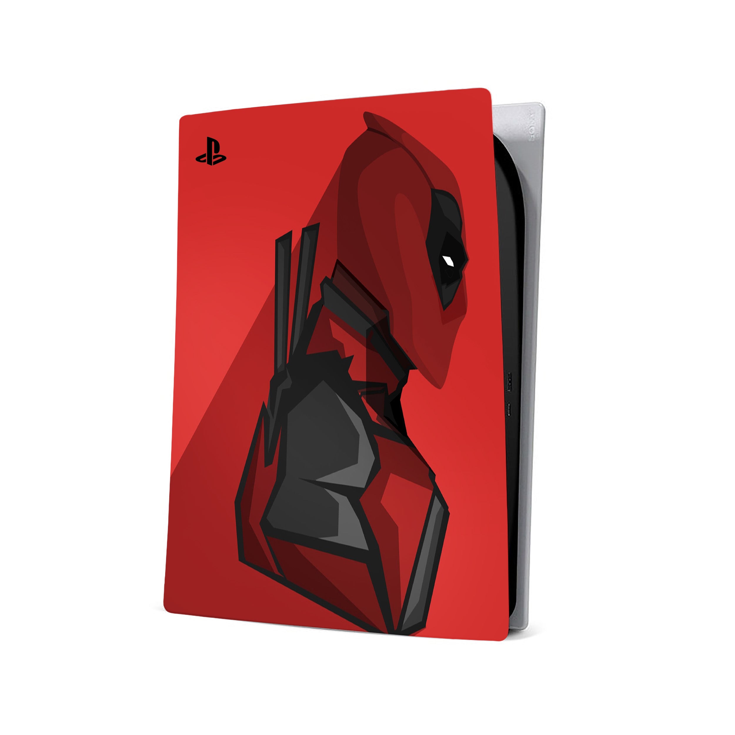 A video game skin featuring a Marvel Comics Deadpool design for the PS5.