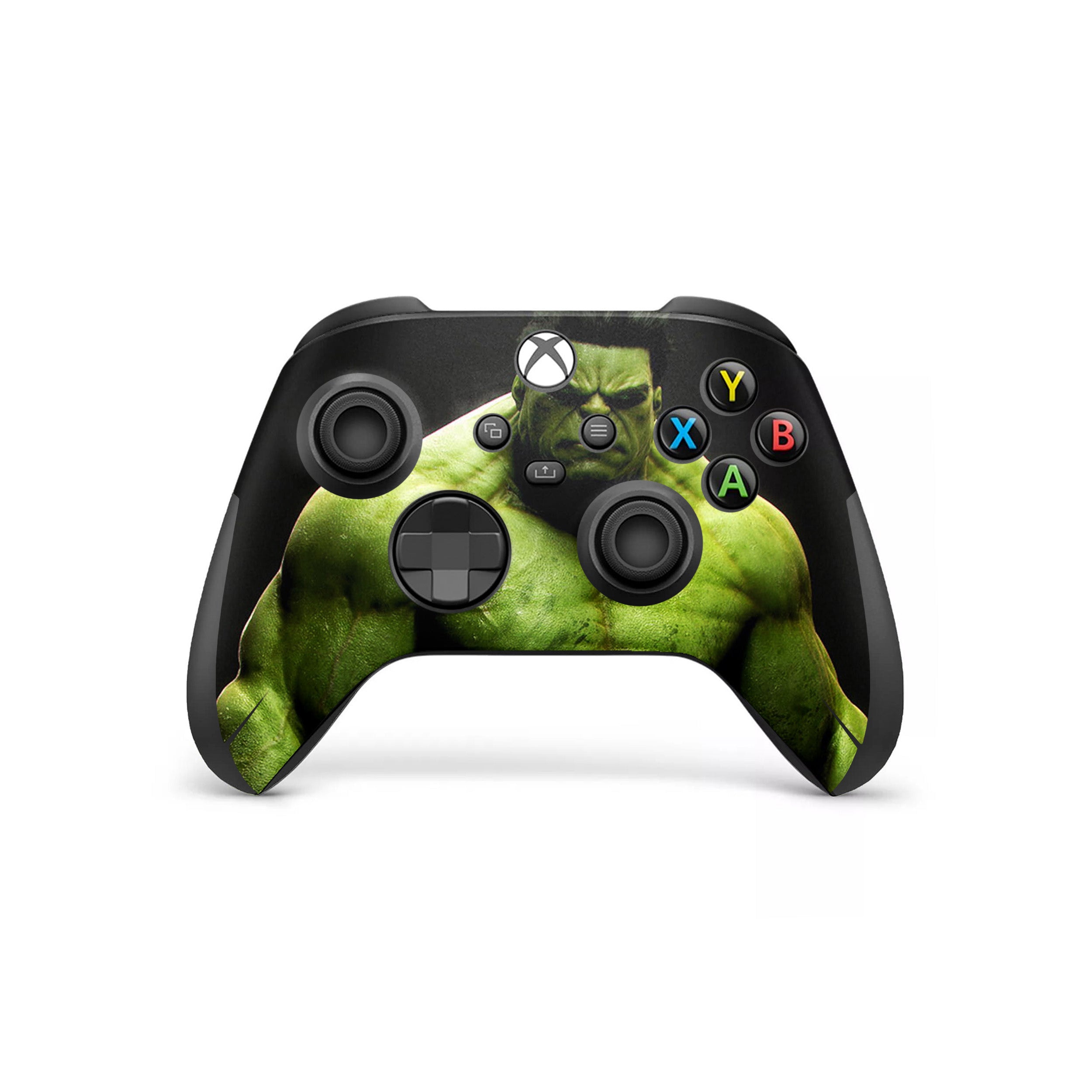 A video game skin featuring a Marvel Comics Hulk design for the Xbox Wireless Controller.