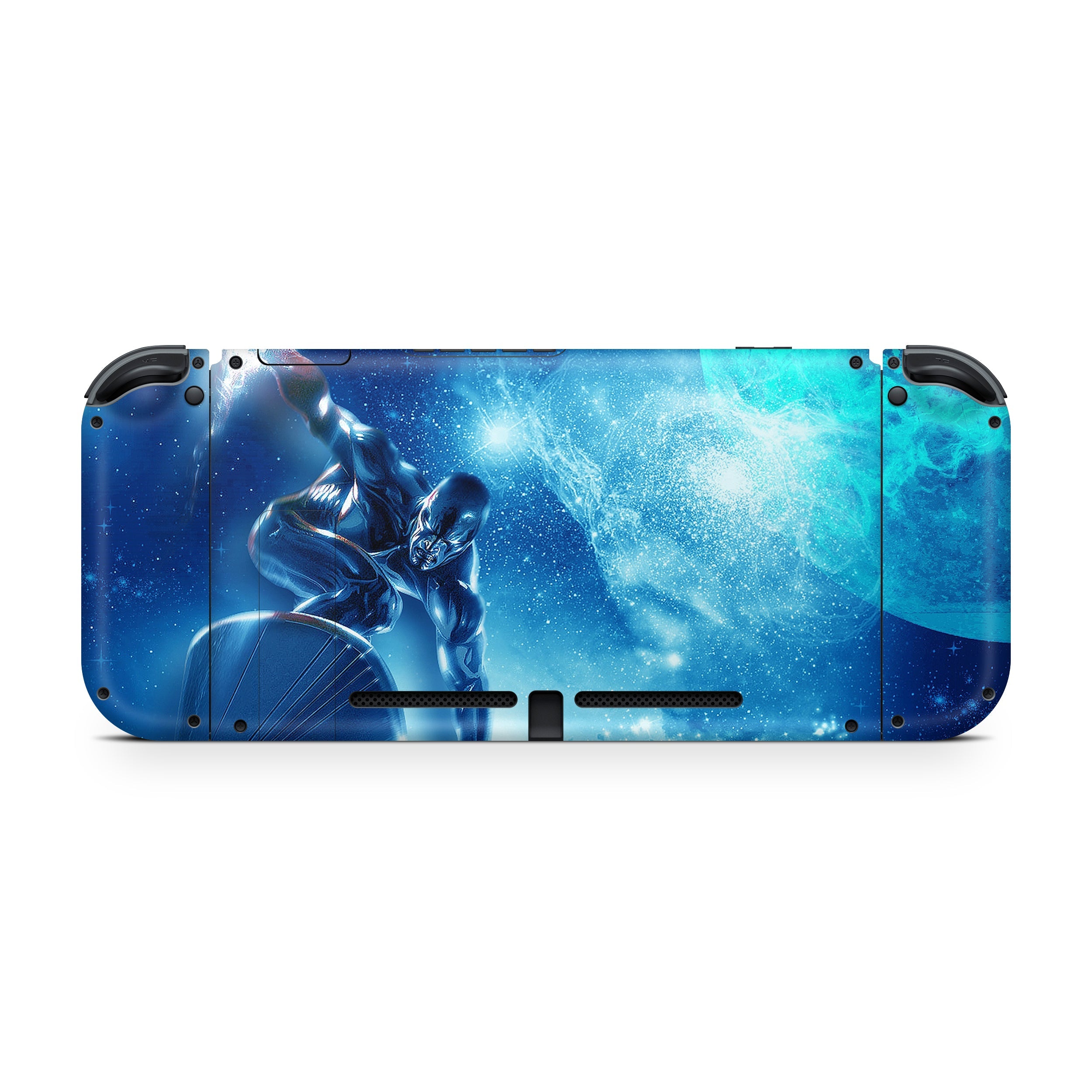 A video game skin featuring a Marvel Comics Silver Surfer design for the Nintendo Switch.