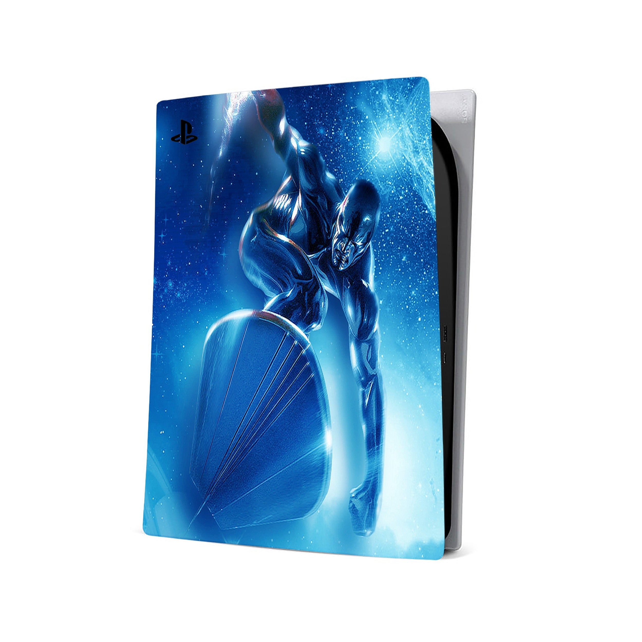 A video game skin featuring a Marvel Comics Silver Surfer design for the PS5.