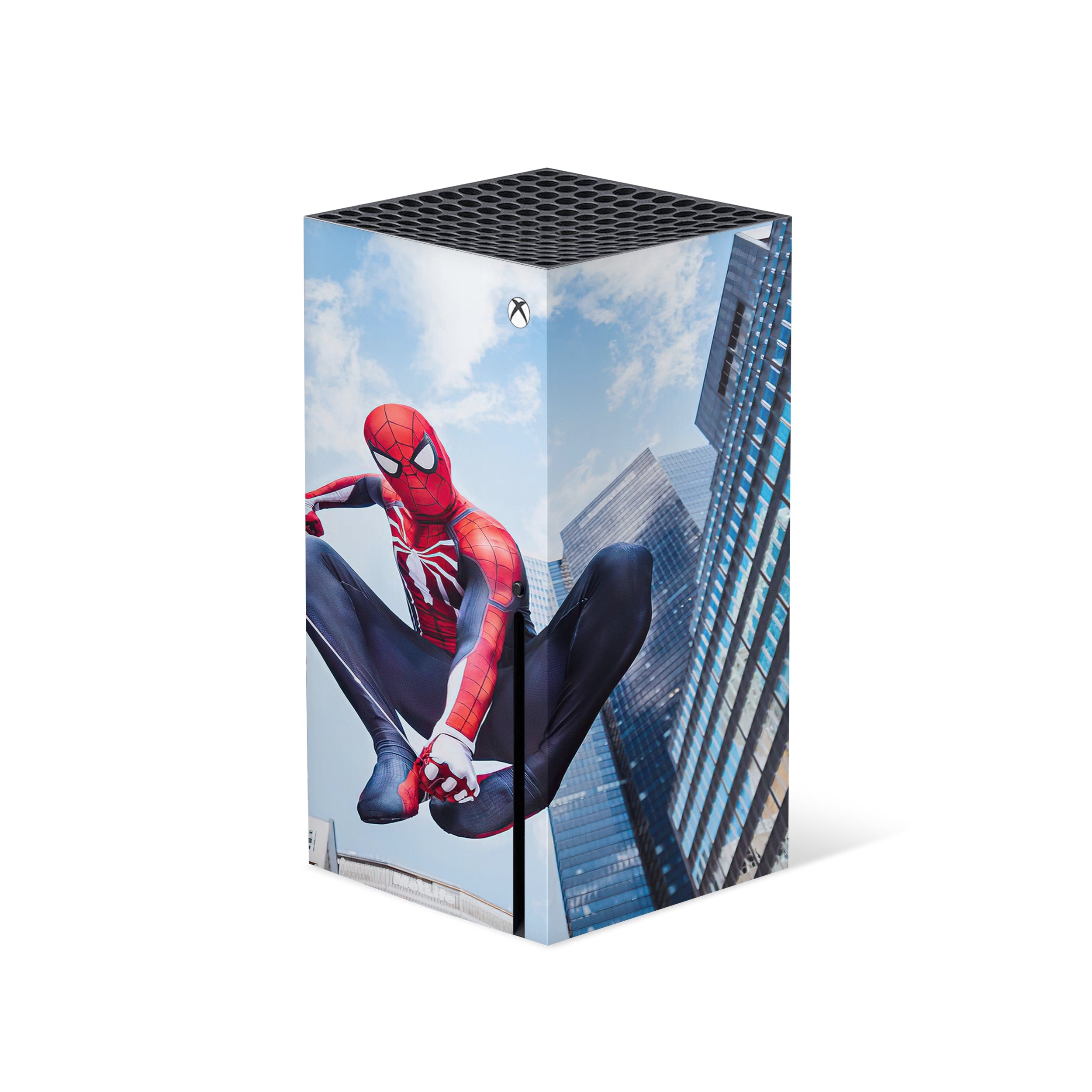 A video game skin featuring a Marvel Comics Spider Man design for the Xbox Series X.