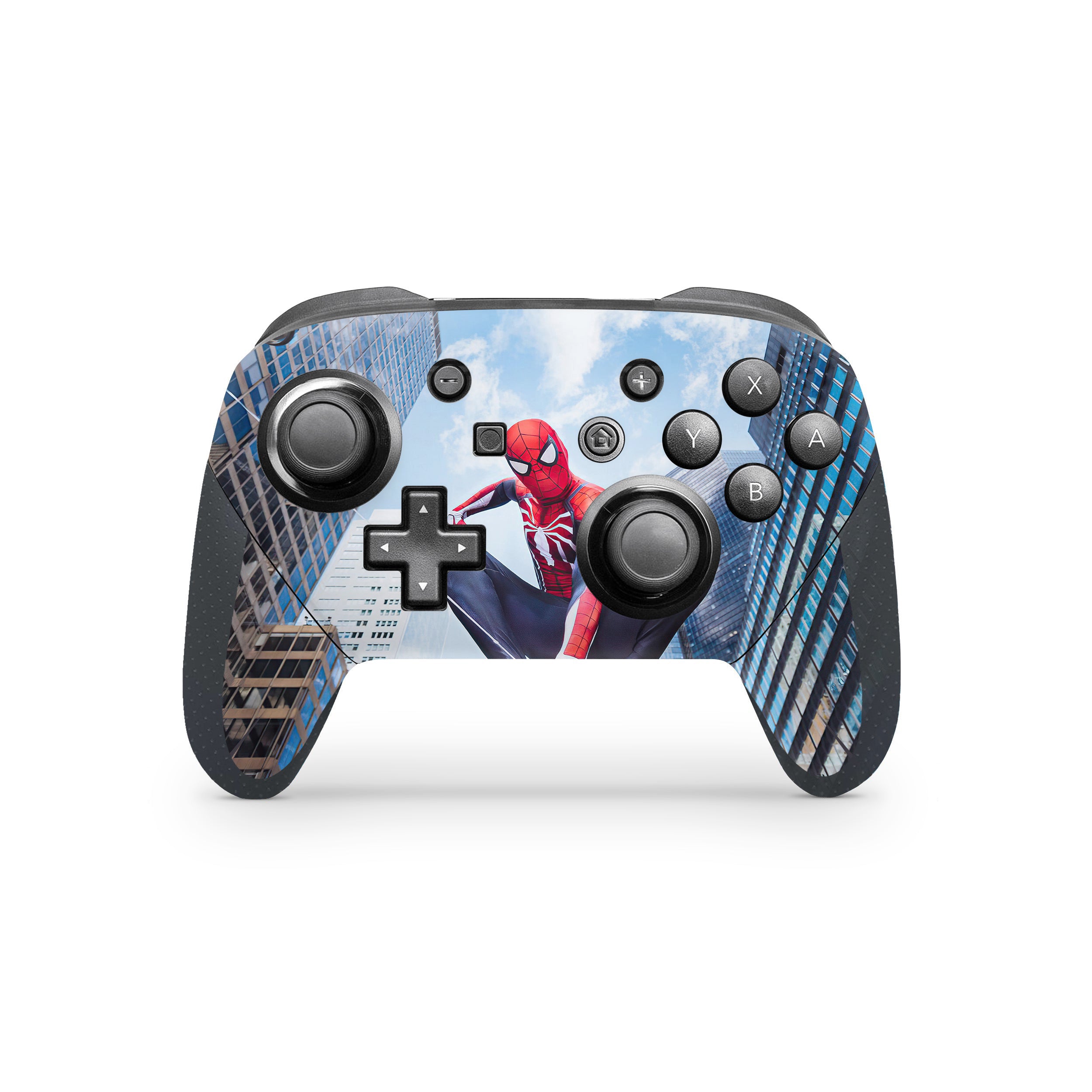 A video game skin featuring a Marvel Comics Spider Man design for the Switch Pro Controller.